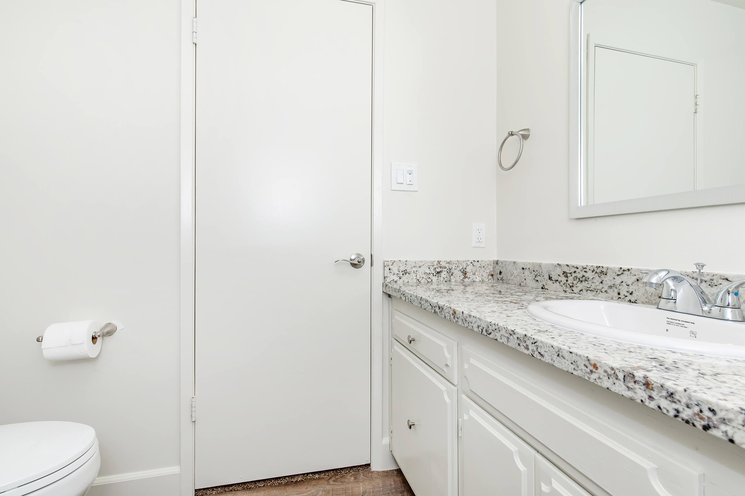 A modern bathroom featuring a white door, a clean countertop with a sink, and a round mirror above it. There is a toilet to the left and a roll of toilet paper on a holder. The walls are painted light, and the floor is wooden, creating a bright and simple aesthetic.