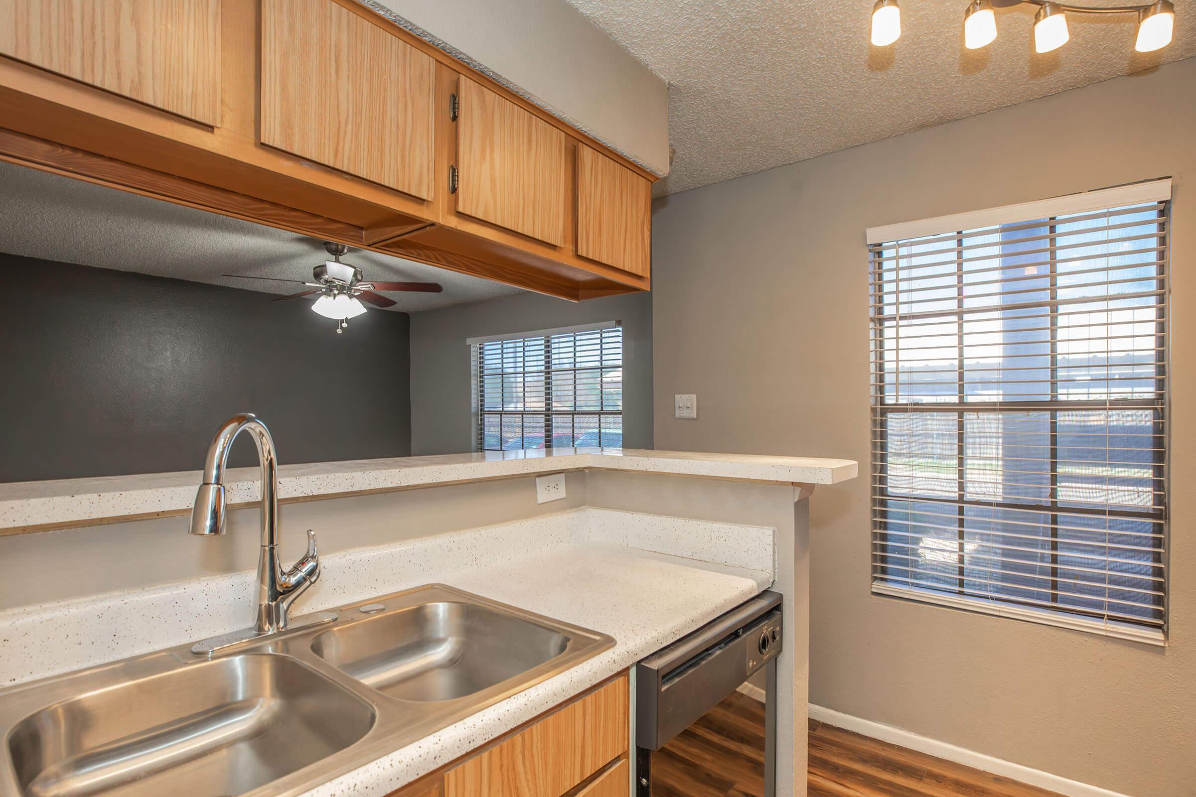 a kitchen with a sink and a window