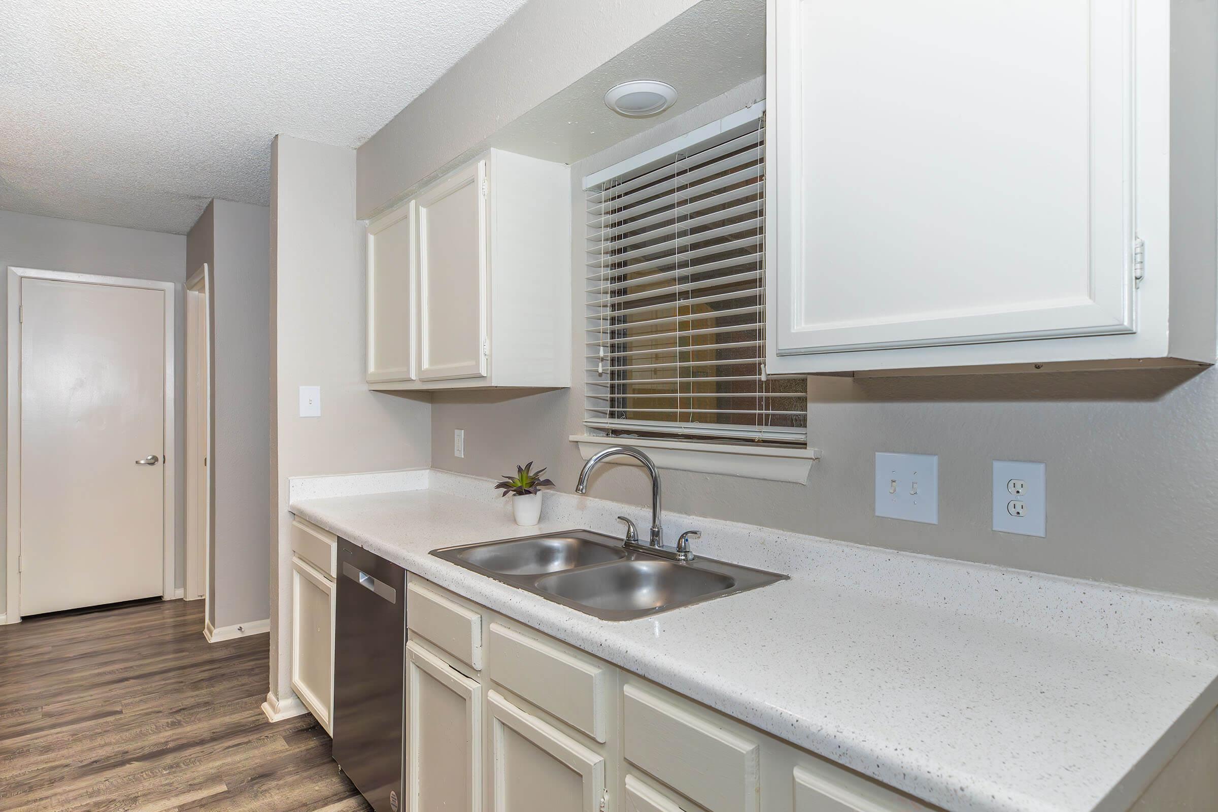 Modern kitchen featuring light-colored cabinetry, a double sink, and a window with blinds. The countertops are made of a speckled material. Appliances include a dishwasher. The flooring is a dark wood laminate, and there's a small decorative plant on the counter. A door leads to another room in the background.