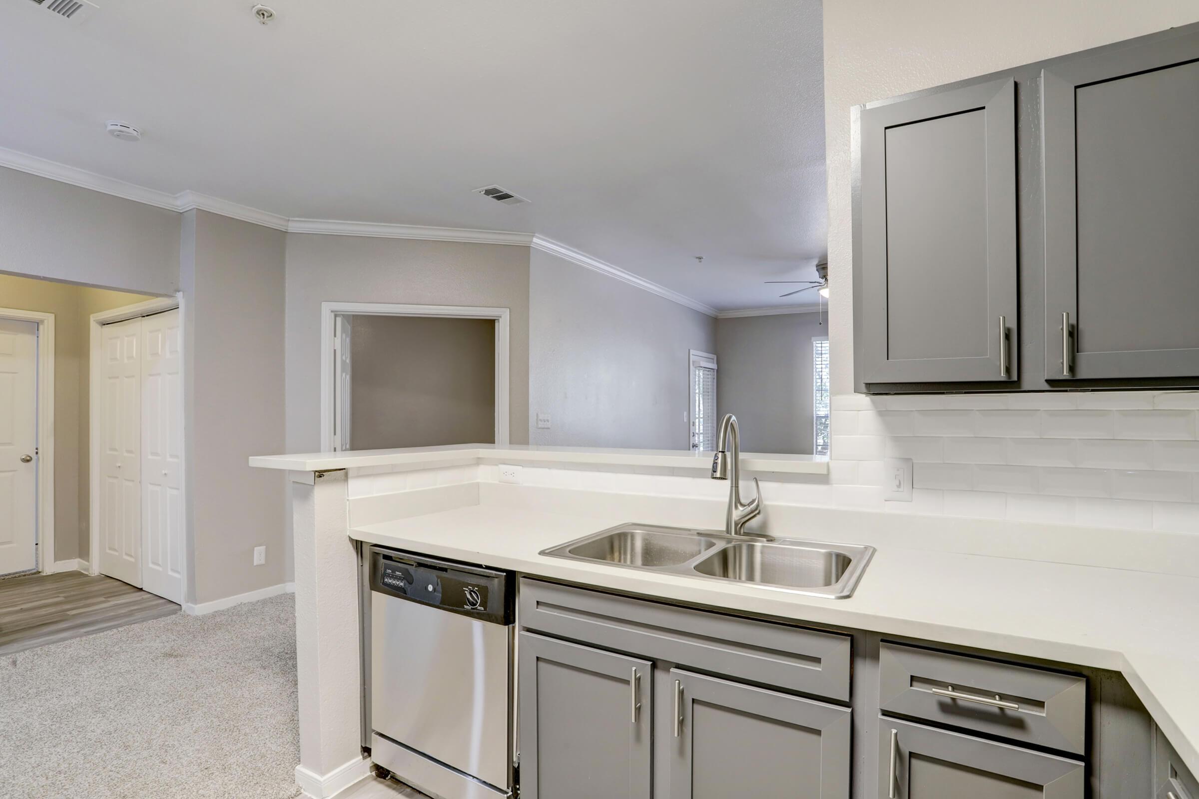 a kitchen with a sink and a mirror