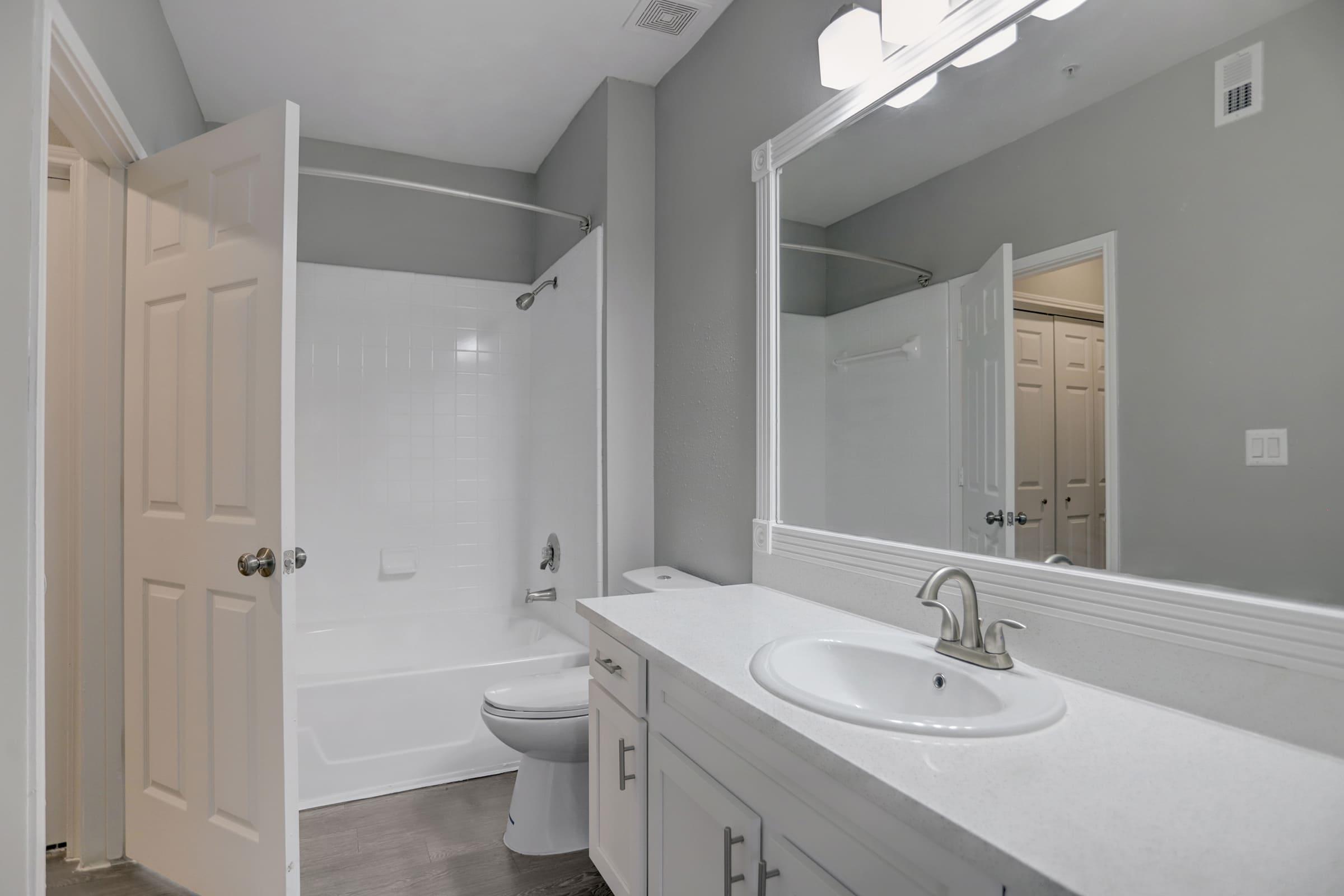 a double sink and large mirror