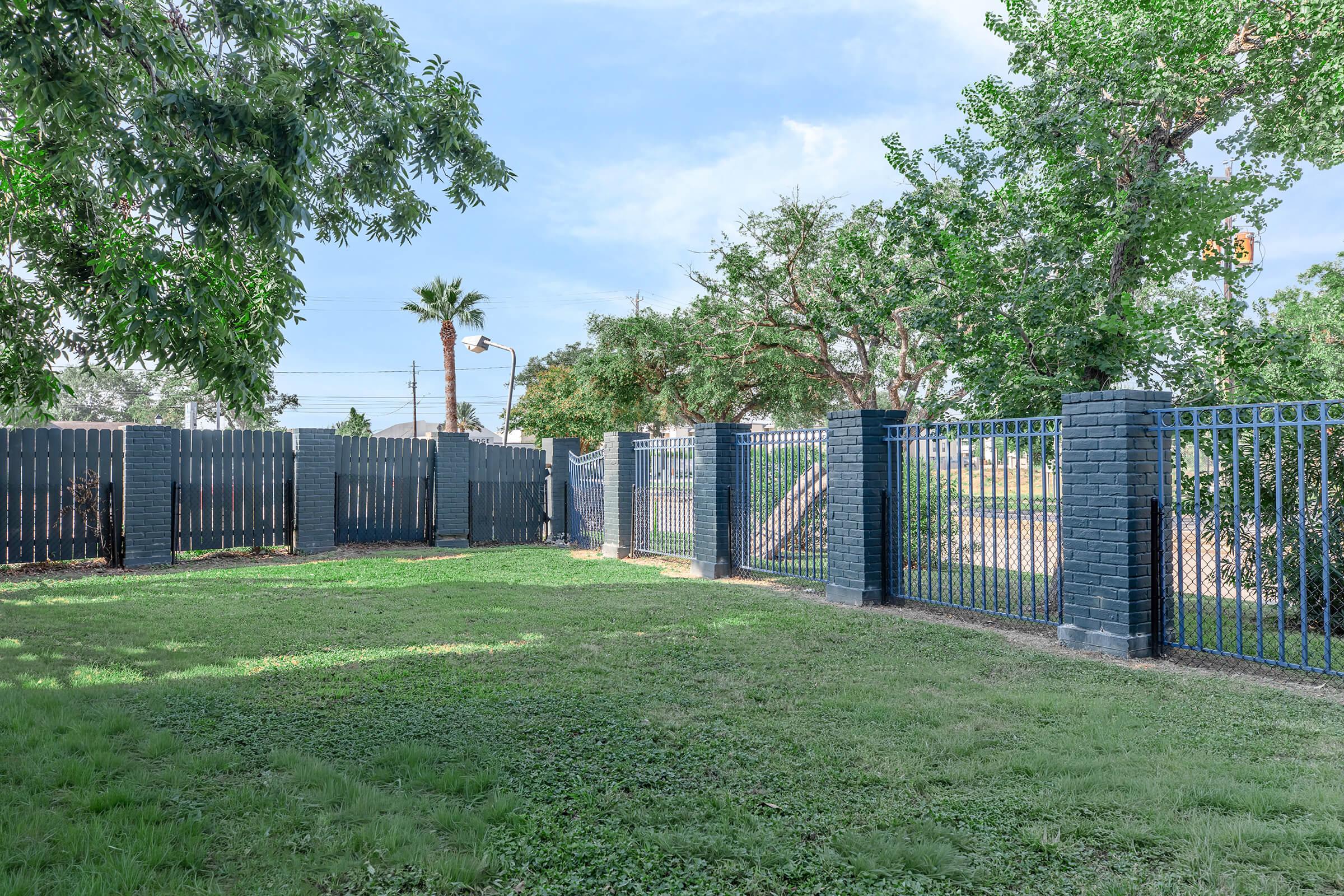 A grassy area enclosed by a black fence, with trees and a clear blue sky in the background. The scene includes a few palm trees and an open gate, creating a serene outdoor space.