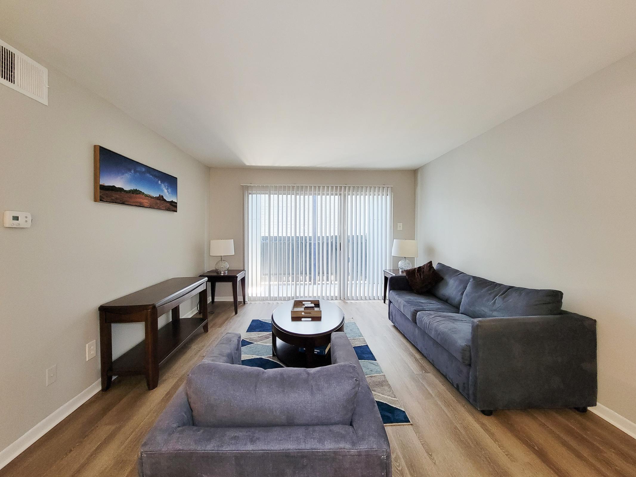 A modern living room featuring two gray sofas, a round coffee table, and a side table with lamps. The walls are painted light beige, and large sliding glass doors with vertical blinds provide natural light. A landscape picture adorns the wall, complementing the stylish decor and wooden floor.