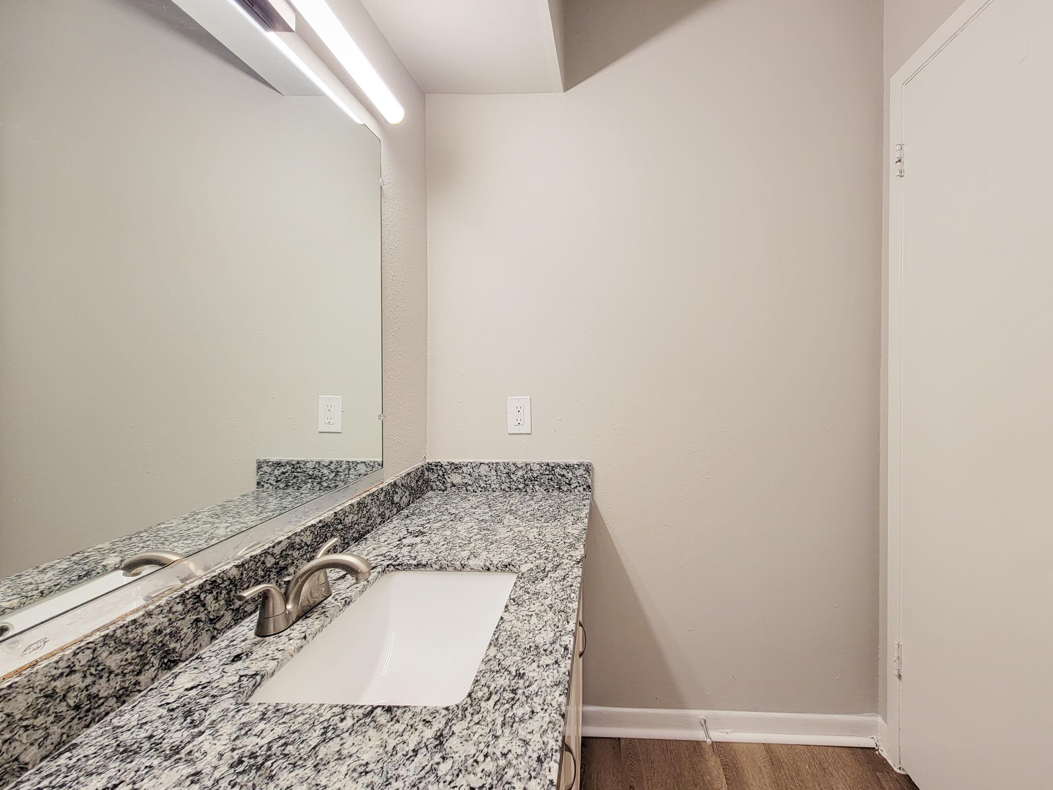 A modern bathroom featuring a granite countertop with an undermount sink, a large mirror above the sink, and a light fixture. The walls are painted a neutral color, and there is a white door on the right side of the image. The floor has a wooden finish.