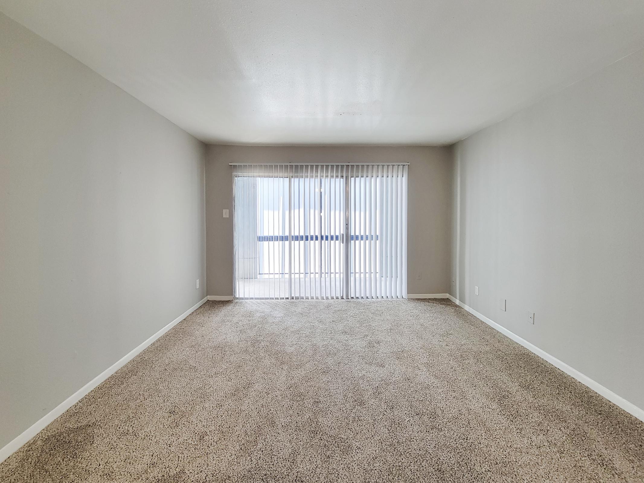 A spacious, empty living room with beige carpet and light gray walls. Large sliding glass doors with white vertical blinds lead to a balcony, allowing natural light to fill the room. The overall atmosphere is bright and airy, ideal for personalization and design.
