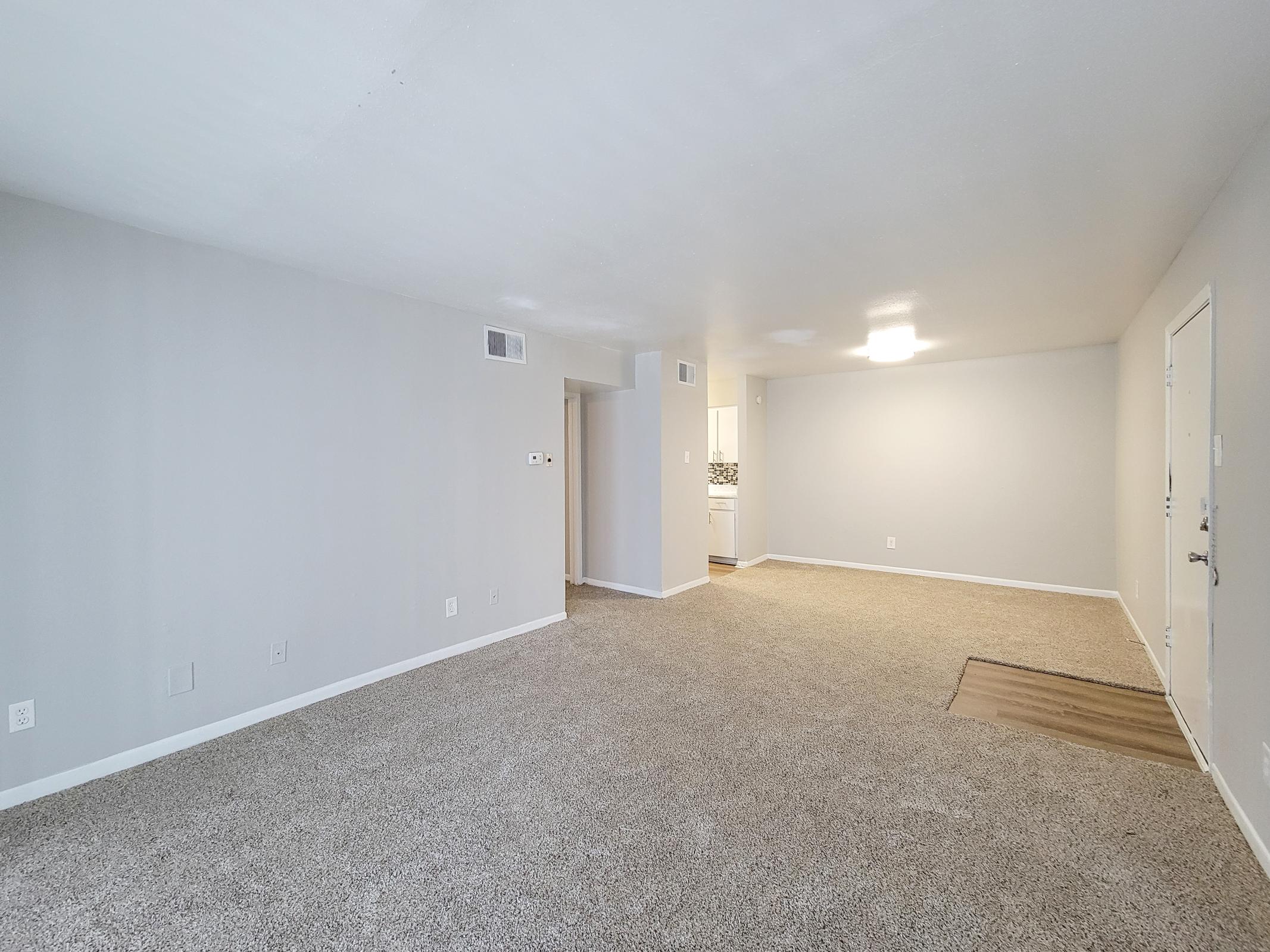 Spacious living area with light gray walls and plush carpeting. A doorway leads to a kitchen area in the background, and a door on the right suggests access to another room. Natural light fills the room, providing a bright and airy atmosphere.