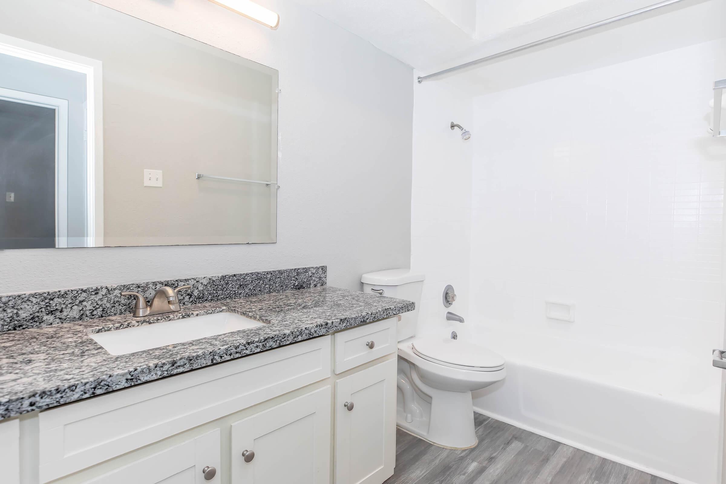 A modern bathroom featuring a white bathtub, light gray walls, and a granite countertop with a sink. The space includes a large mirror above the sink and a toilet nearby, with gray vinyl flooring. Natural light may enter through a door in the background.