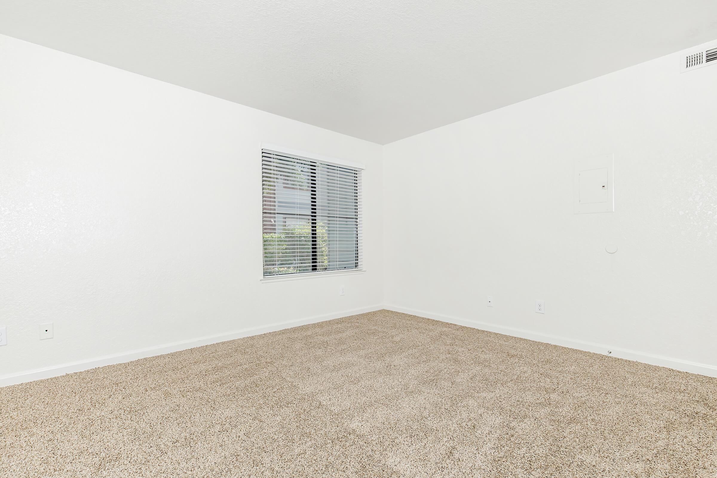 Empty room with beige carpet and white walls. A single window on the left side lets in natural light, while the right wall features a small rectangular panel. The space is clean and minimally decorated, creating a blank canvas ideal for various uses.
