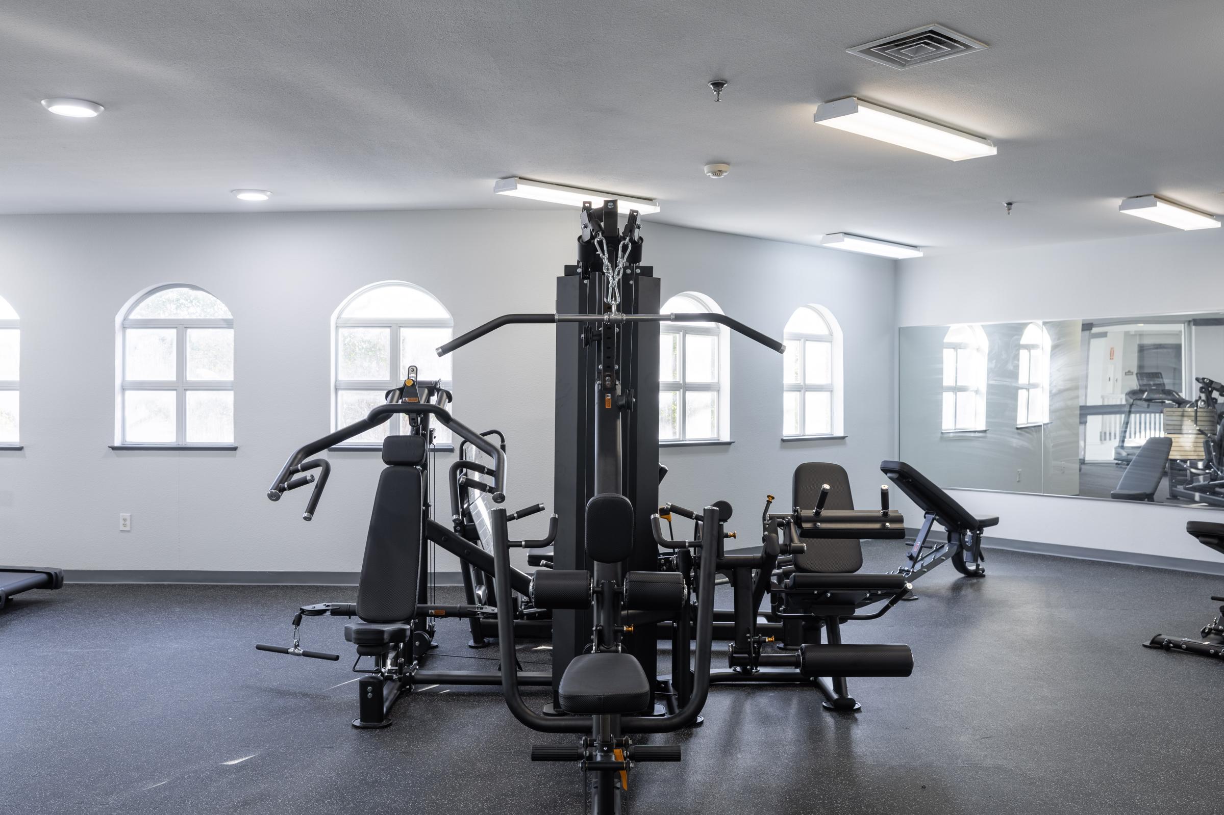 A modern gym interior featuring various exercise equipment including weight machines and benches. The space has natural light coming through arched windows and mirrors on one wall. The floor is dark and the walls are light-colored, creating an open and inviting atmosphere for fitness activities.