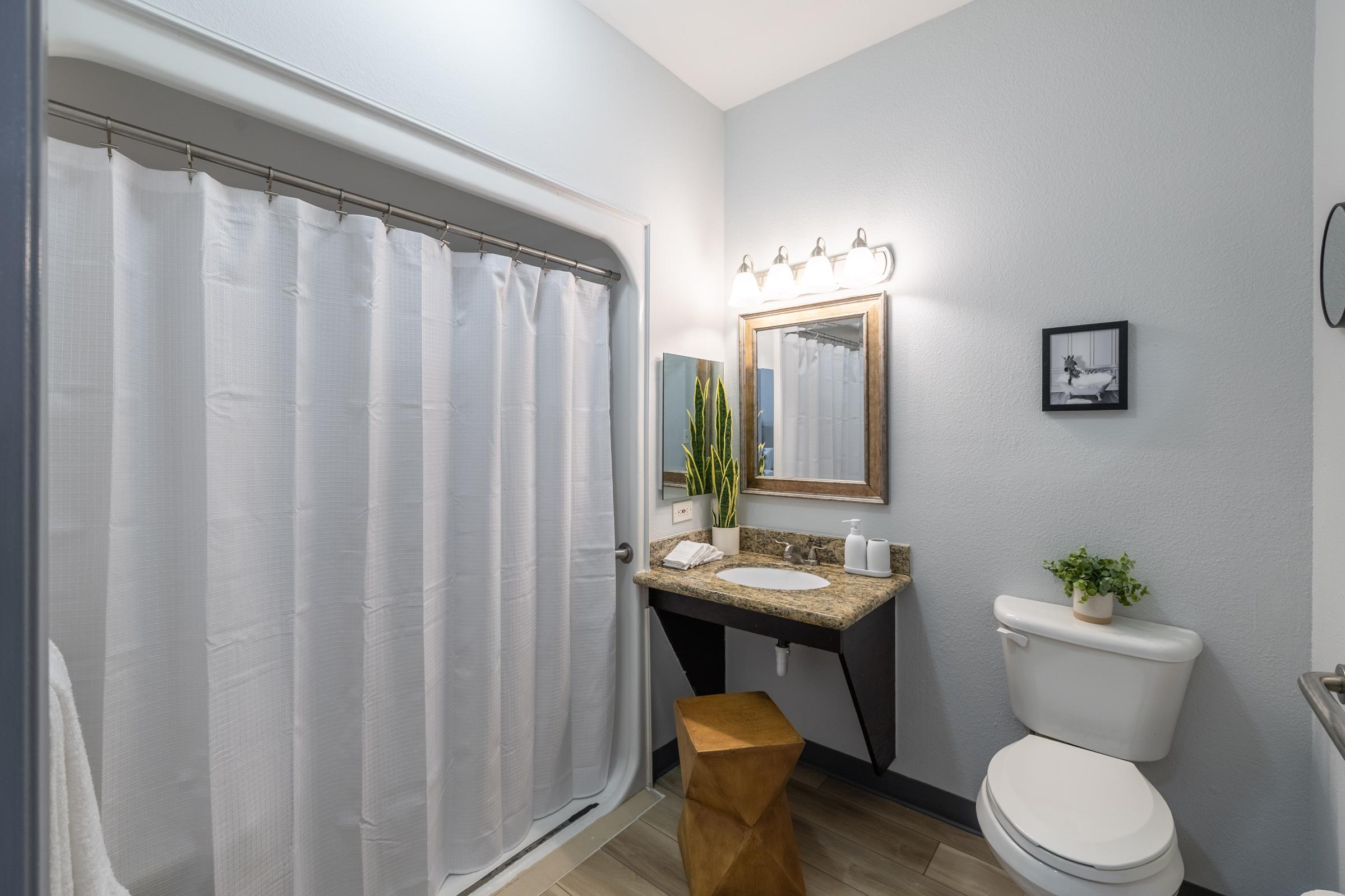 A modern bathroom featuring a shower with a white curtain, a granite countertop with a circular sink, a framed mirror, and a small decorative plant. To the right, there is a toilet, and the walls are painted in light gray colors. The floor has wooden tiles, enhancing the contemporary design.