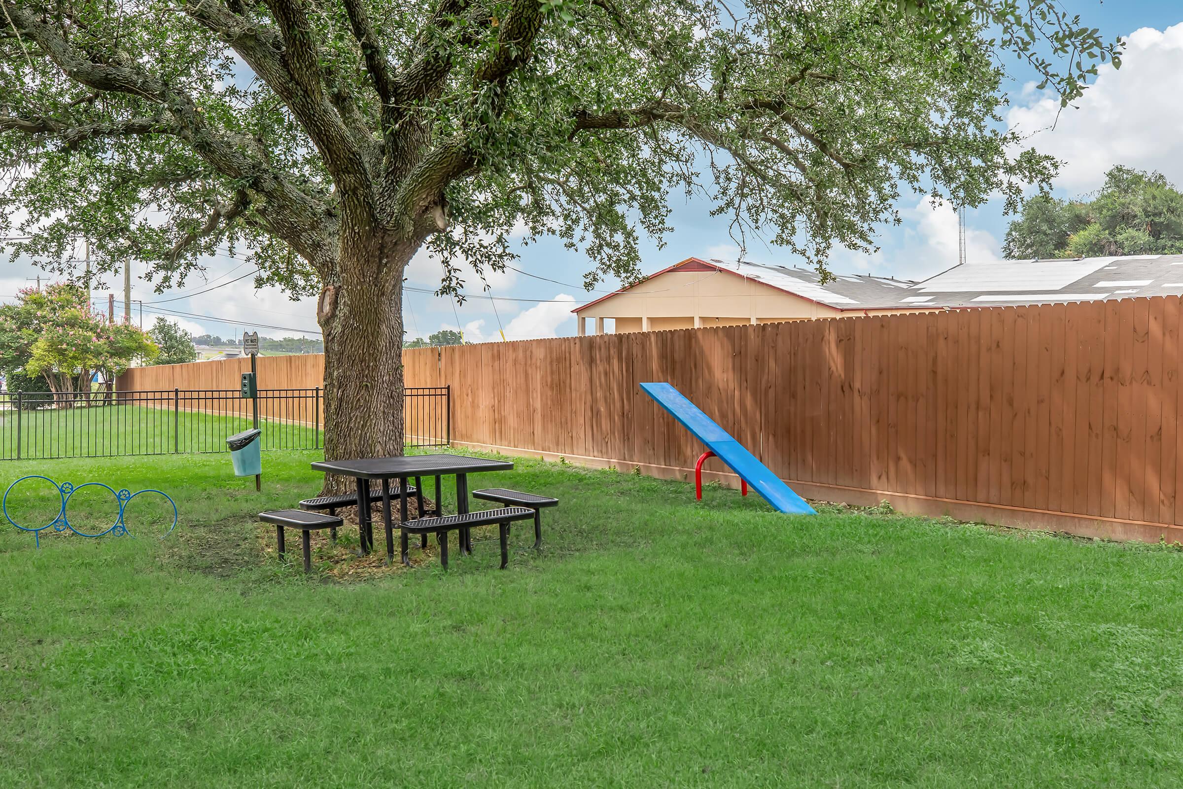 A grassy backyard featuring a large tree, a black picnic table, and a blue slide on a red frame. A trash can is visible nearby, along with a circular metal play structure. The area is fenced with a brown wooden fence and has a clear blue sky in the background.