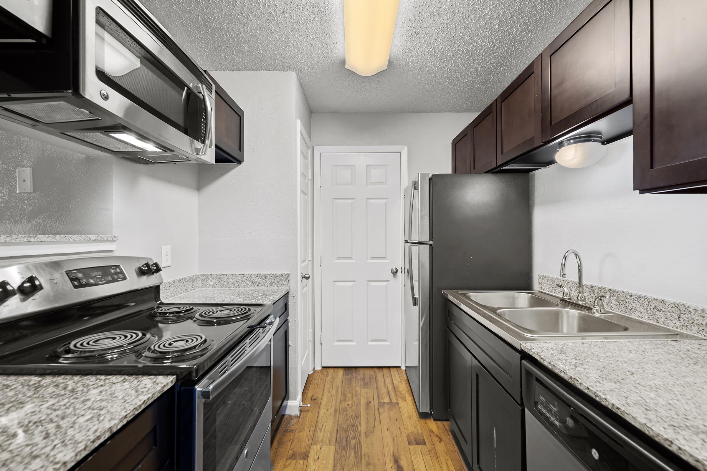 Modern kitchen featuring black appliances, dark wooden cabinets, and a granite countertop. The room includes a double sink, electric stovetop, and microwave. A door leads to another space, and the floor is made of light-colored wood. The lighting is bright and natural, enhancing the overall ambiance.