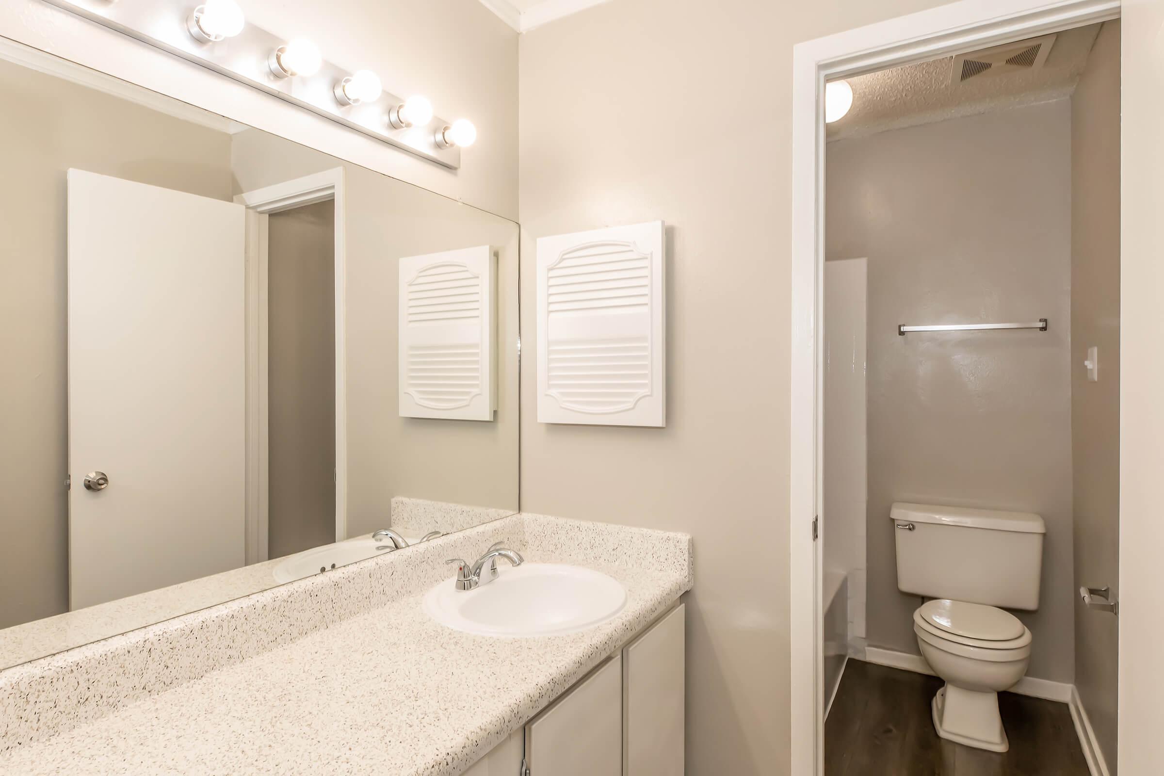 A bright, modern bathroom featuring a double vanity with a speckled countertop, two mirrors, and overhead lighting. A door leads to a separate toilet area, with neutral-colored walls and a clean, minimalist design. The space is well-lit and organized.