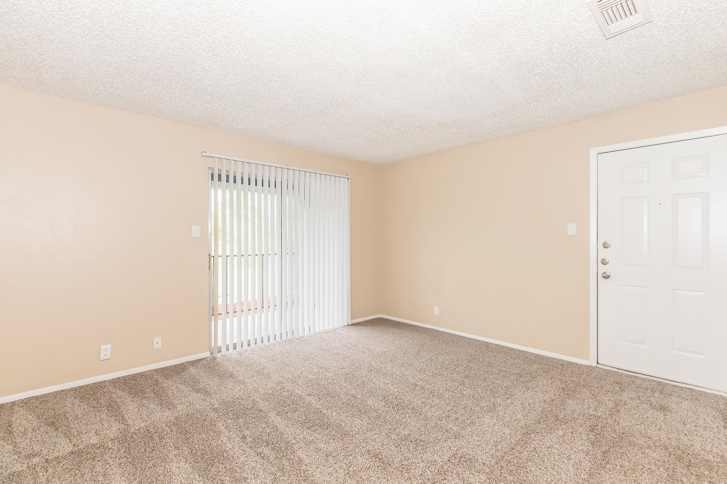 A spacious, empty room with beige walls and light beige carpet. There is a sliding glass door with white vertical blinds, providing natural light. A plain white front door is visible on the right. The overall atmosphere is bright and neutral, suggesting an inviting living space ready for decoration.