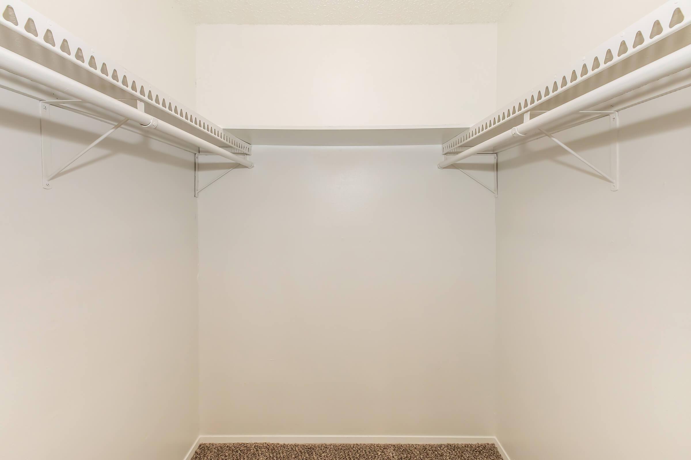 Empty closet with white walls and two hanging rods on opposite sides, featuring a beige carpeted floor. The space is well-lit and minimalistic, with no items or shelves visible.