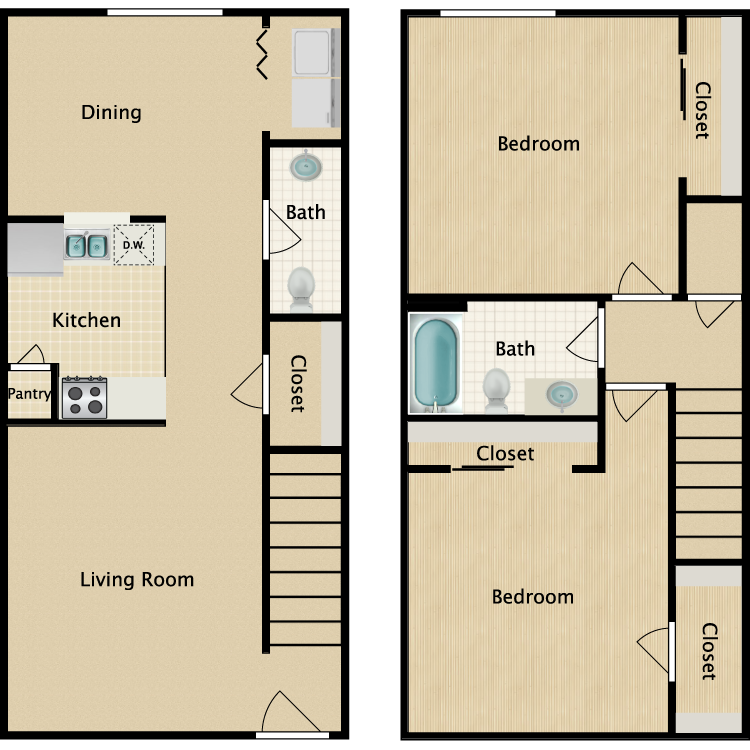 Floor plan image of 2 Bedroom 1.5 Bathroom Townhome