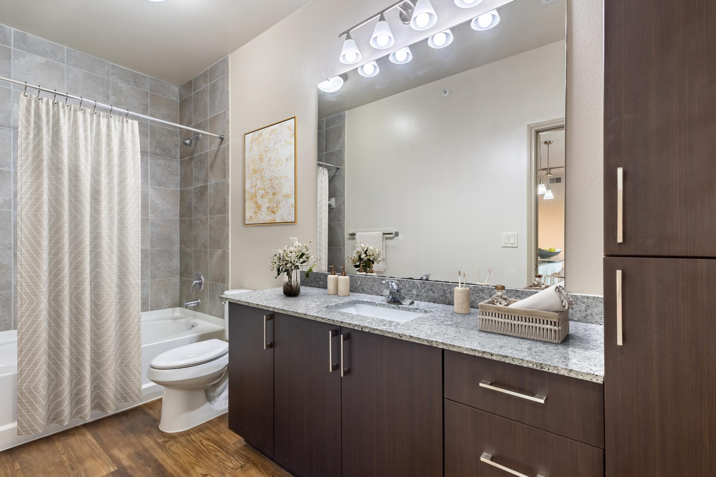 Modern bathroom featuring a clean and stylish design. It includes a bathtub with a shower curtain, a vanity with a granite countertop, and wooden cabinetry. Decorative items like a vase with flowers and wall art add a touch of elegance, while overhead lighting creates a bright atmosphere.