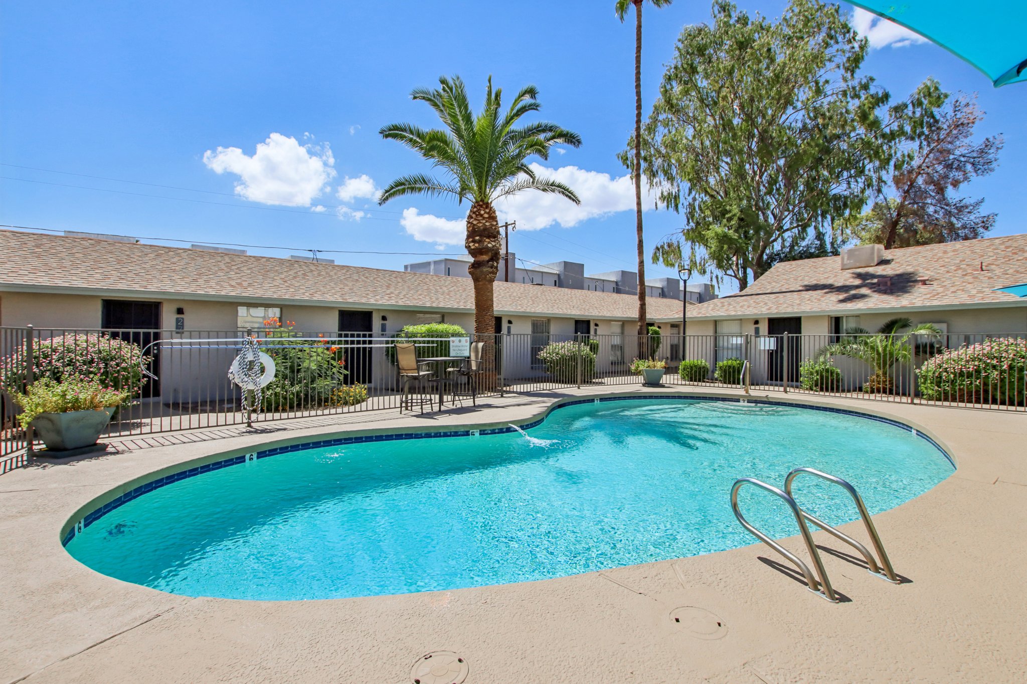 A sunny outdoor pool area featuring a clear blue pool surrounded by lush greenery, palm trees, and lounge chairs. The surrounding buildings are low-rise, with a fence for safety. The sky is bright with a few clouds, creating a relaxing and inviting atmosphere.
