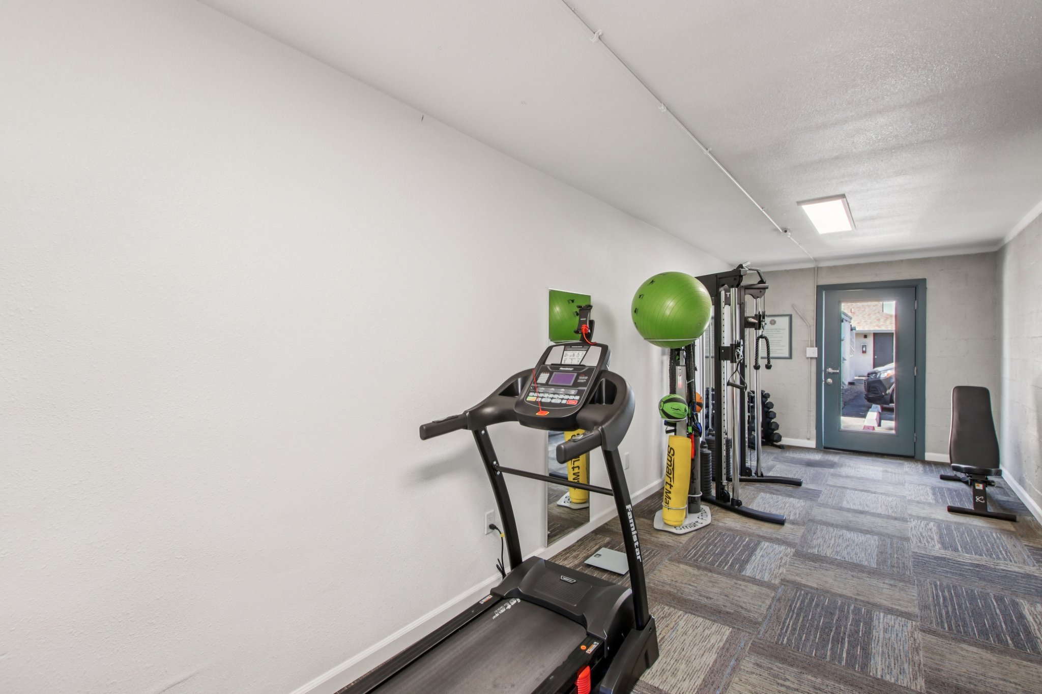 A small fitness room featuring a treadmill, exercise ball, and various weight training equipment. The walls are plain and white, and there is a large window in the background allowing natural light to enter. The flooring consists of carpet tiles in a neutral pattern.