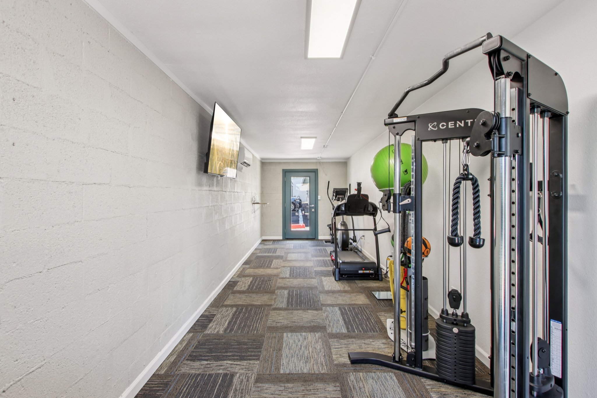 A modern home gym space featuring a cable machine, treadmill, and fitness equipment. The walls are painted white, with gray carpeting. A television is mounted on the wall, and a large green exercise ball is positioned nearby. The space is well-lit with natural light coming from a glass door at the end of the room.