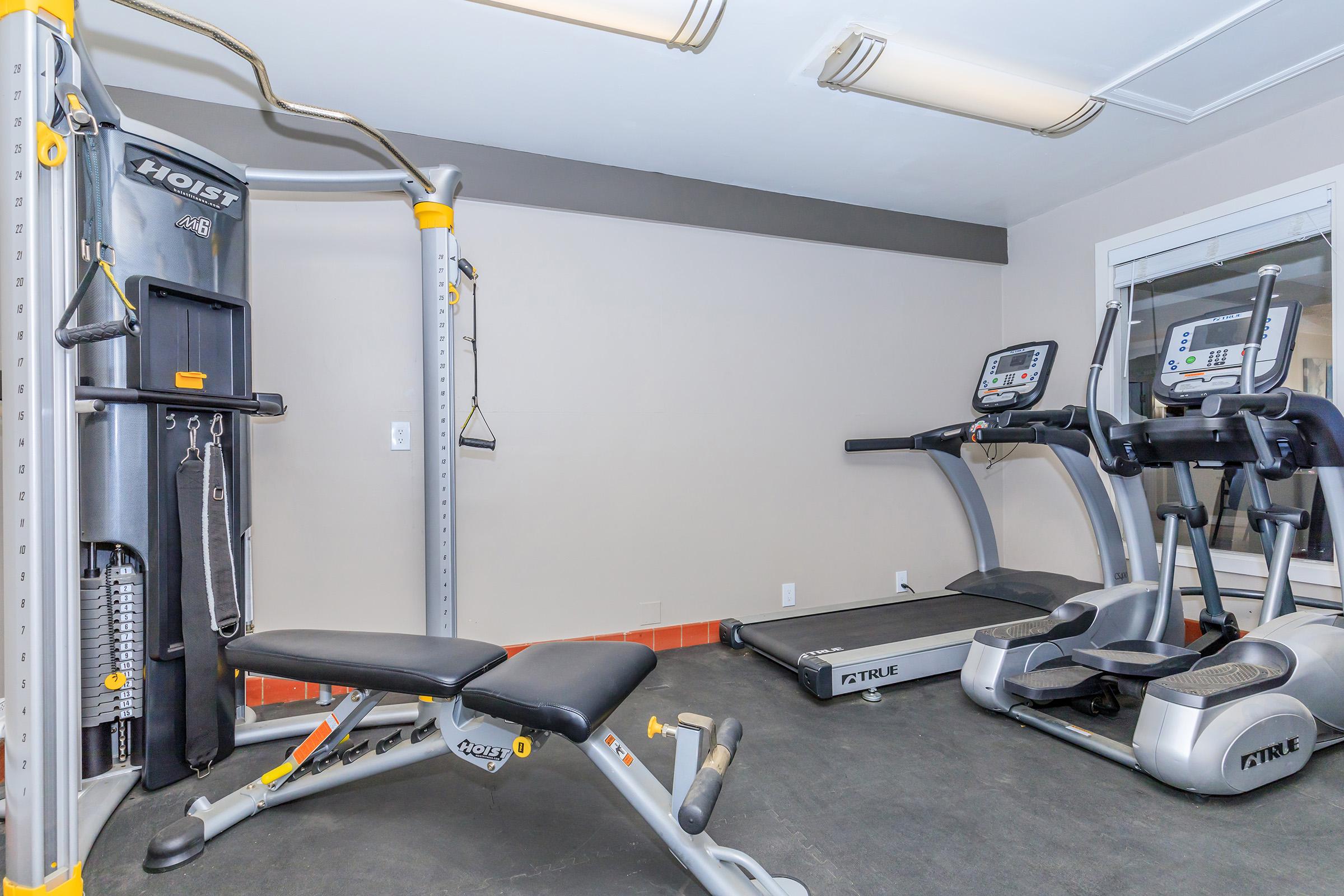 Home gym with a multi-functional weight machine, a treadmill, and an elliptical machine. The room features neutral-colored walls and a spacious layout, providing a bright and inviting workout environment.