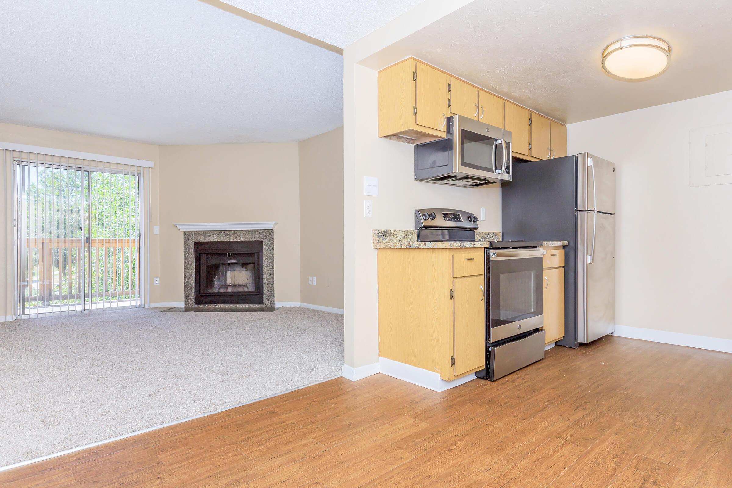 Interior view of a contemporary apartment featuring a kitchen with wooden cabinets and stainless steel appliances, including a stove, microwave, and fridge. A cozy living area is visible with a carpeted floor and a fireplace, alongside large glass doors leading to an outdoor space.