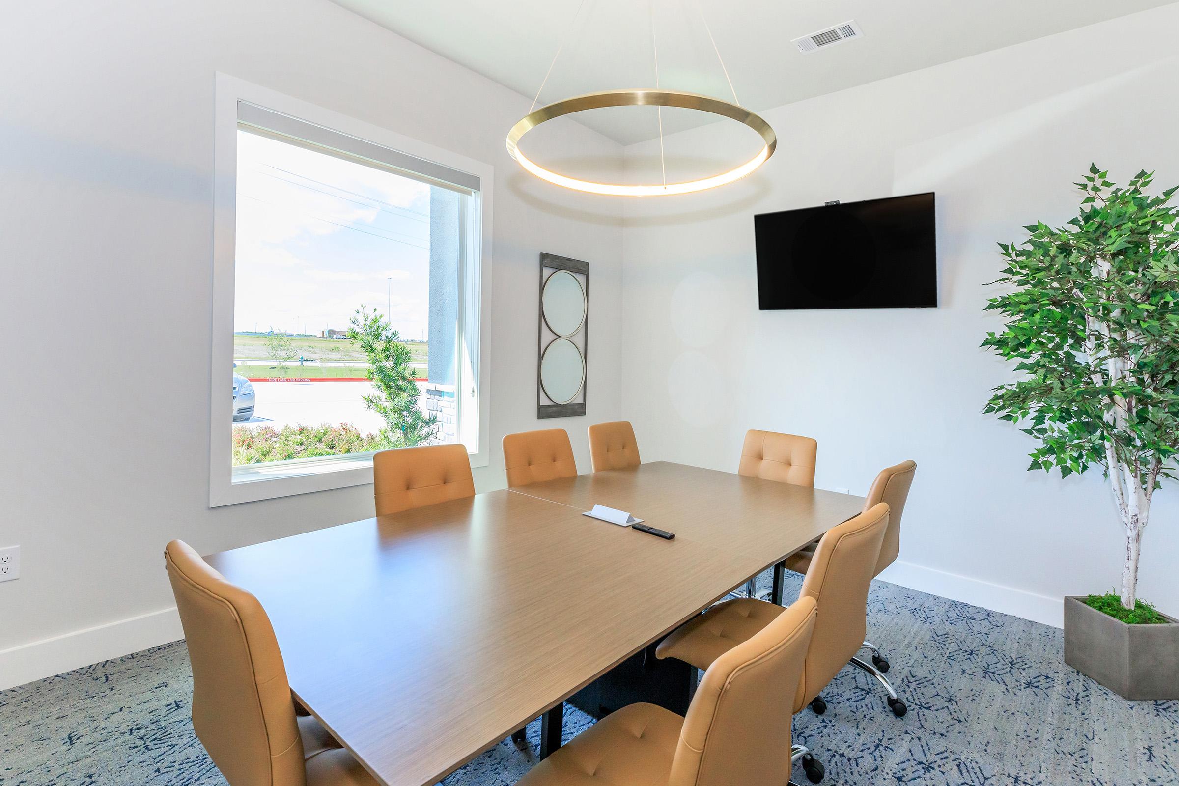A modern conference room featuring a large rectangular wooden table surrounded by beige chairs. A round light fixture hangs from the ceiling, and there’s a television mounted on the wall. Natural light enters through a large window on the side, and a decorative plant is placed in the corner.