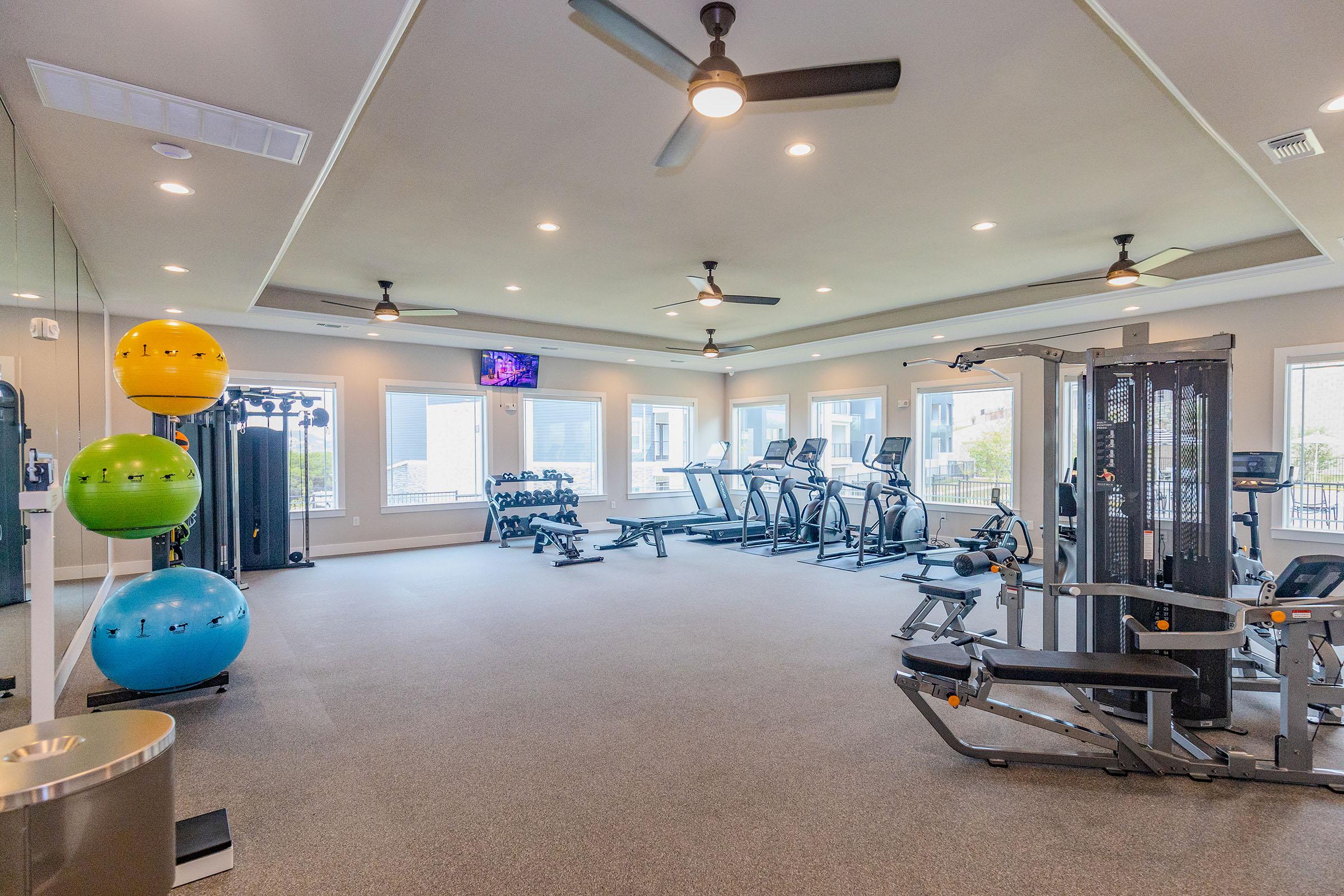 Interior view of a modern gym featuring various exercise equipment, including treadmills, weight machines, and free weights. Brightly lit with large windows, the space is designed for fitness activities, with colorful exercise balls and fans for ventilation. A television is mounted on the wall for workout guidance.