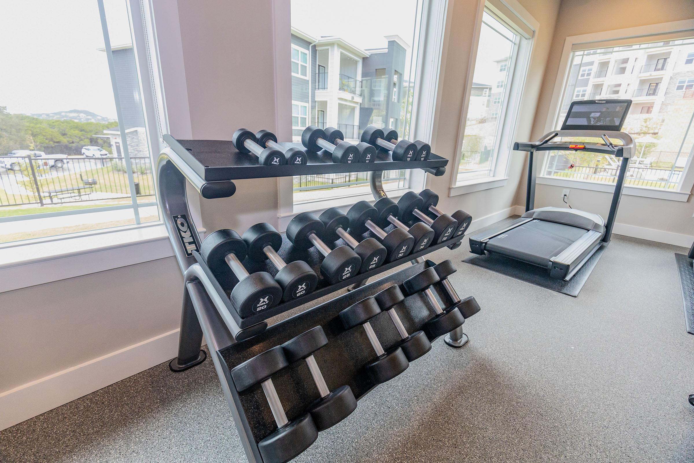 A set of dumbbells arranged on a rack in a gym setting, with a treadmill visible in the background. The space features large windows that let in natural light, and outdoor views of a residential area can be seen through the glass. The flooring is carpeted, and the atmosphere is bright and inviting.