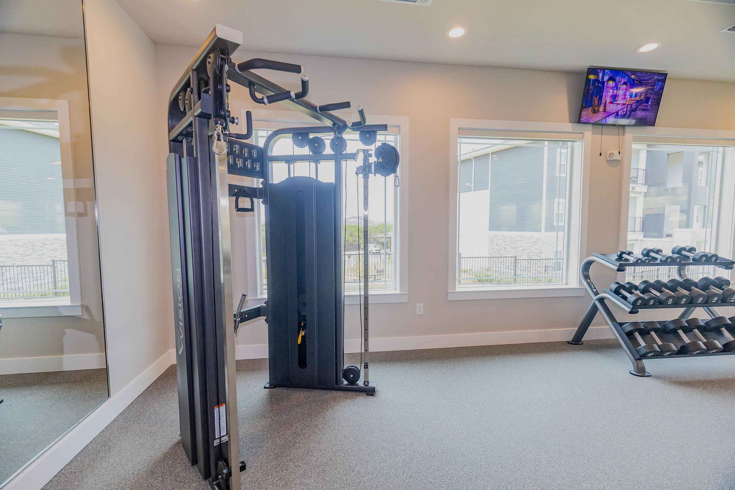 A modern gym interior featuring a cable machine next to large windows with natural light. A rack of dumbbells is positioned nearby. The space appears clean and well-lit, with a television mounted on the wall, showcasing a vibrant display.