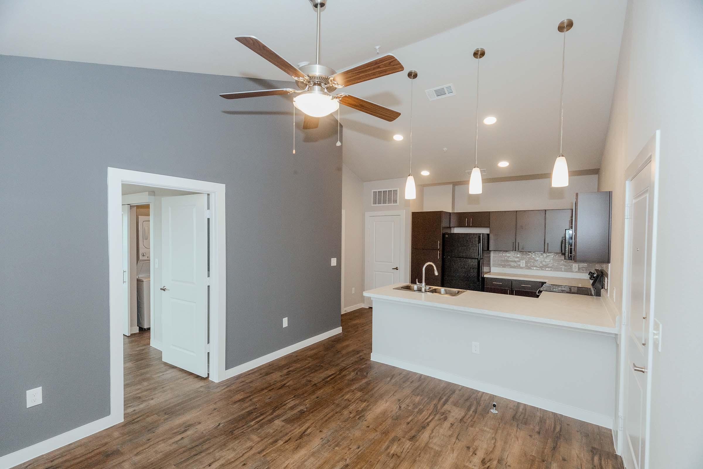 Modern apartment interior featuring an open-concept layout. The living area has dark wood flooring and a light gray accent wall. A ceiling fan hangs above, and the kitchen includes dark cabinets, a white countertop, and pendant lighting. A doorway leads to another room, enhancing the spacious feel.