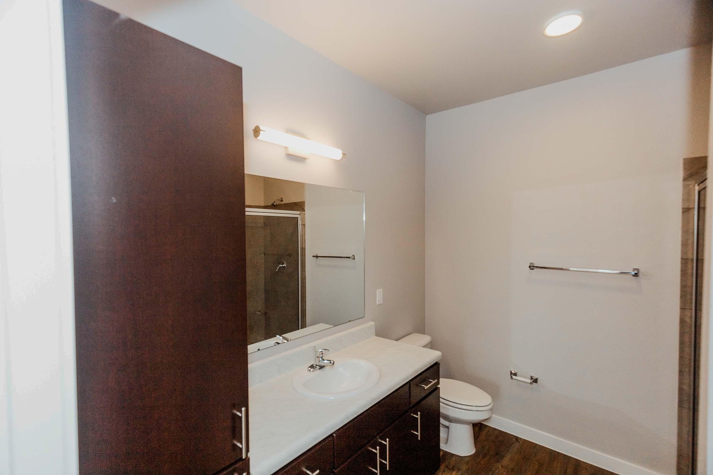 A modern bathroom featuring dark wood cabinetry, a white countertop with a sink, a large mirror, and a shower area. The walls are painted light gray, and there's a toilet in the corner. A towel bar is mounted on the wall, and the flooring is made of wood. Bright overhead lighting illuminates the space.