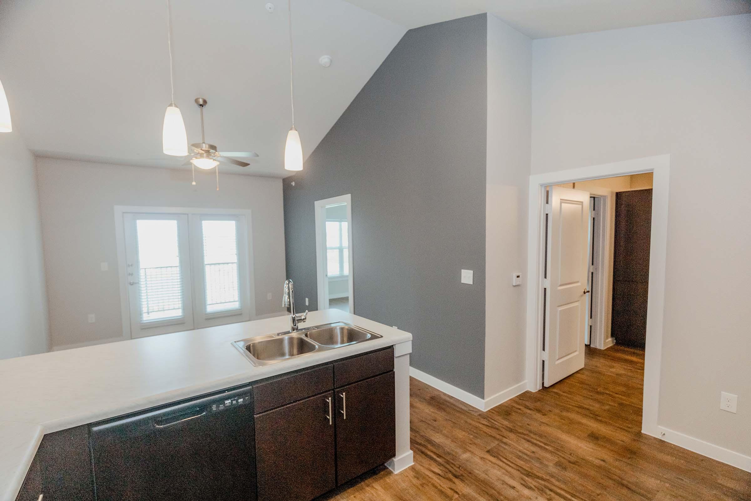 A modern kitchen with a double sink and dark cabinets, featuring a light gray wall and ceiling. To the right, an open doorway leads to another room, while large windows and a sliding door provide natural light and access to a balcony or patio area. The flooring is a warm wood-like design.