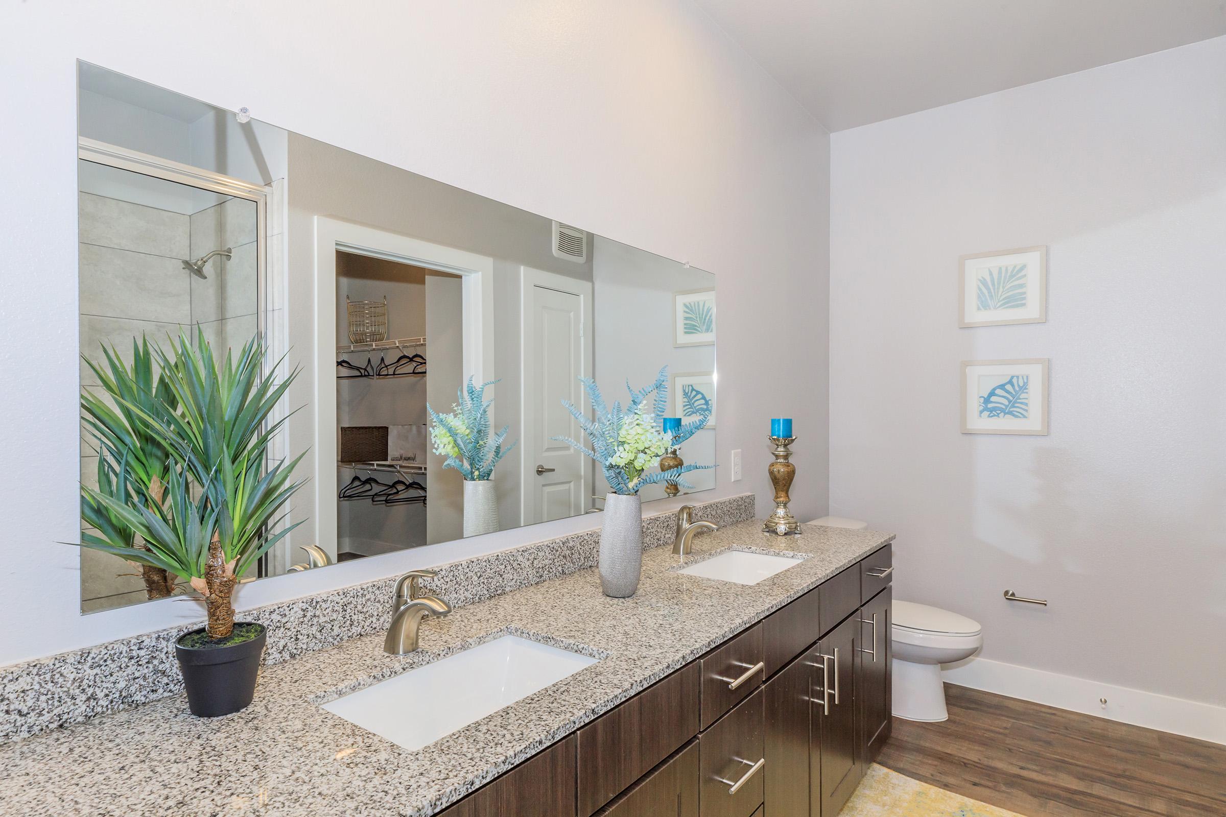 A modern bathroom featuring a dual sink countertop with dark cabinetry, a large mirror, and decorative plants. The space includes a white toilet, a glass shower enclosure, and framed artwork on the wall, contributing to a clean and contemporary aesthetic.