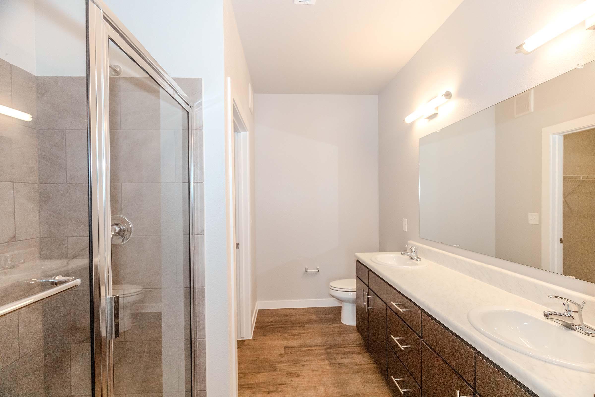 Modern bathroom featuring a walk-in shower with glass doors, a large mirror above dual sinks, and dark wood cabinetry. Soft gray walls complement the light wood flooring, and ample lighting is provided by wall-mounted fixtures. The overall design is clean and contemporary.