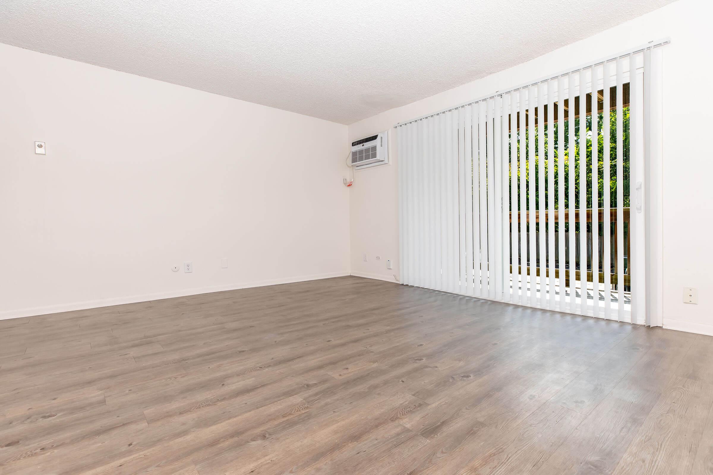 Empty room with hardwood-style flooring, white walls, and a large sliding glass door with vertical blinds leading to a small outdoor area. An air conditioning unit is mounted on the wall near the door. The space is bright and uncluttered, creating a sense of openness.