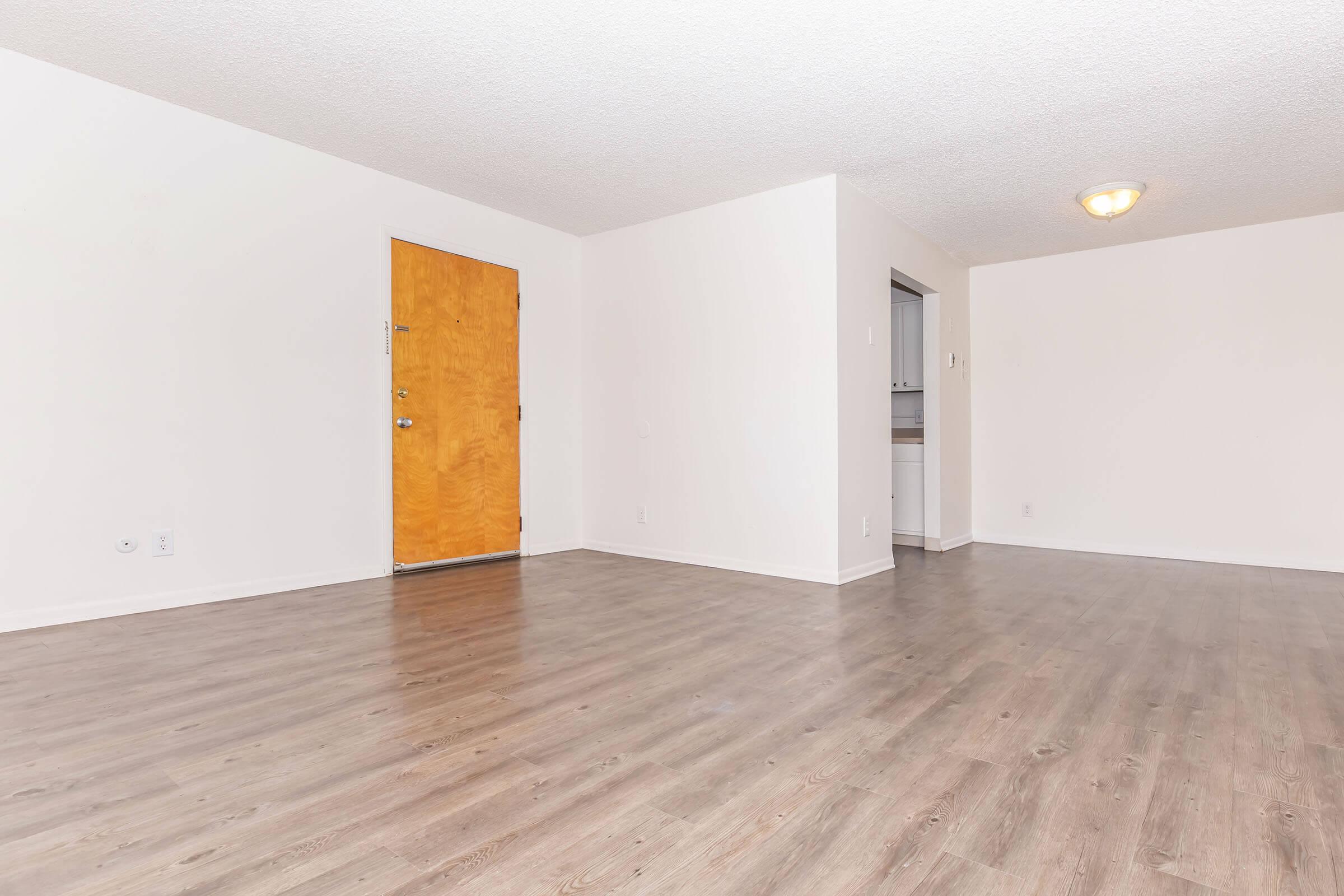 Empty room with light wooden flooring, a single door painted orange on the left, and white walls. A doorway on the right leads to another area, likely a kitchen. The ceiling is slightly textured, with a simple light fixture in the center. The space is bright and minimally furnished.