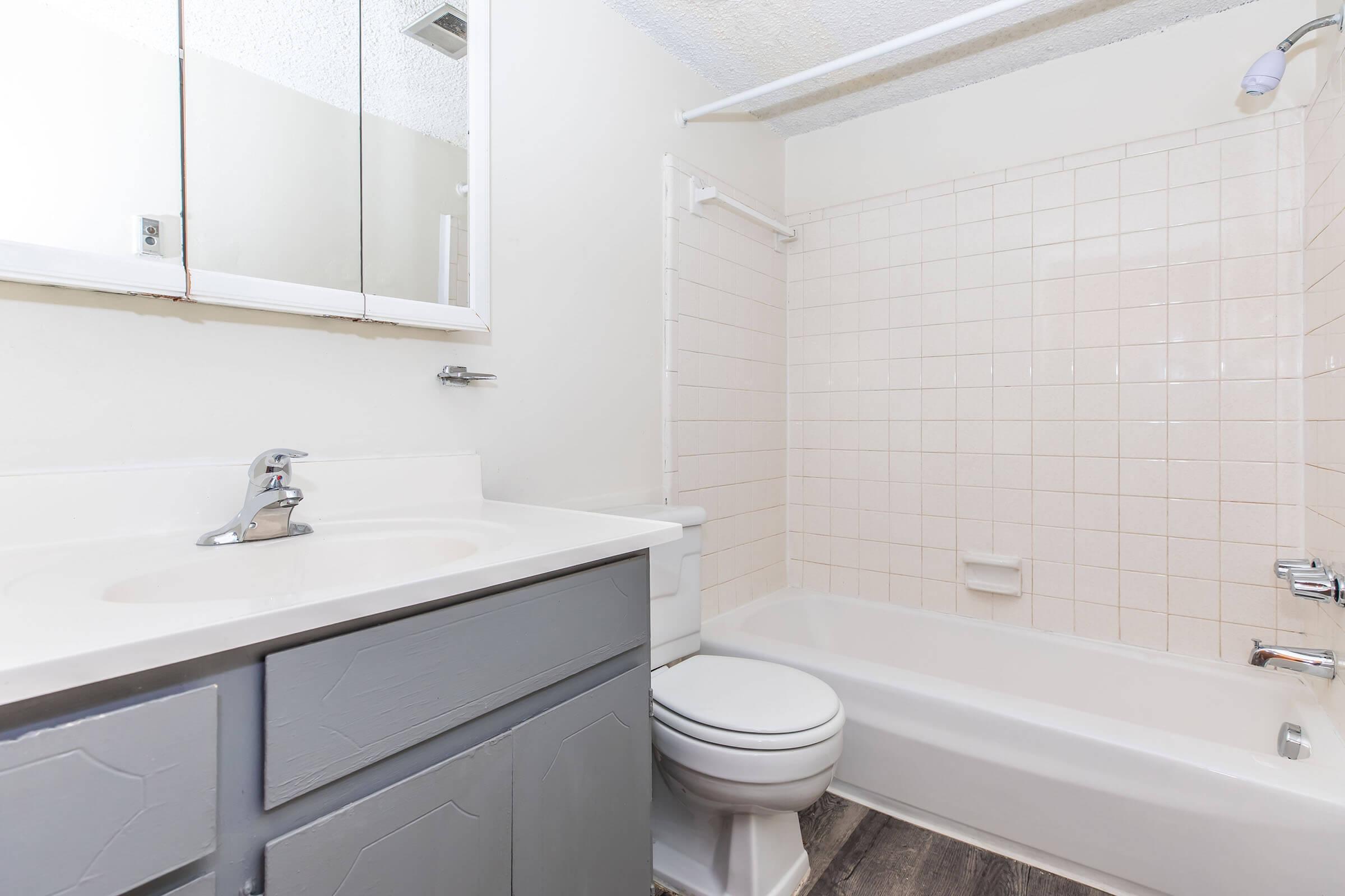 A clean bathroom featuring a white bathtub with shower, a grey vanity with a sink, and a wall mirror. The tiles are light-colored, and there is a toilet beside the bathtub. The overall space is bright and simple, with a modest design.