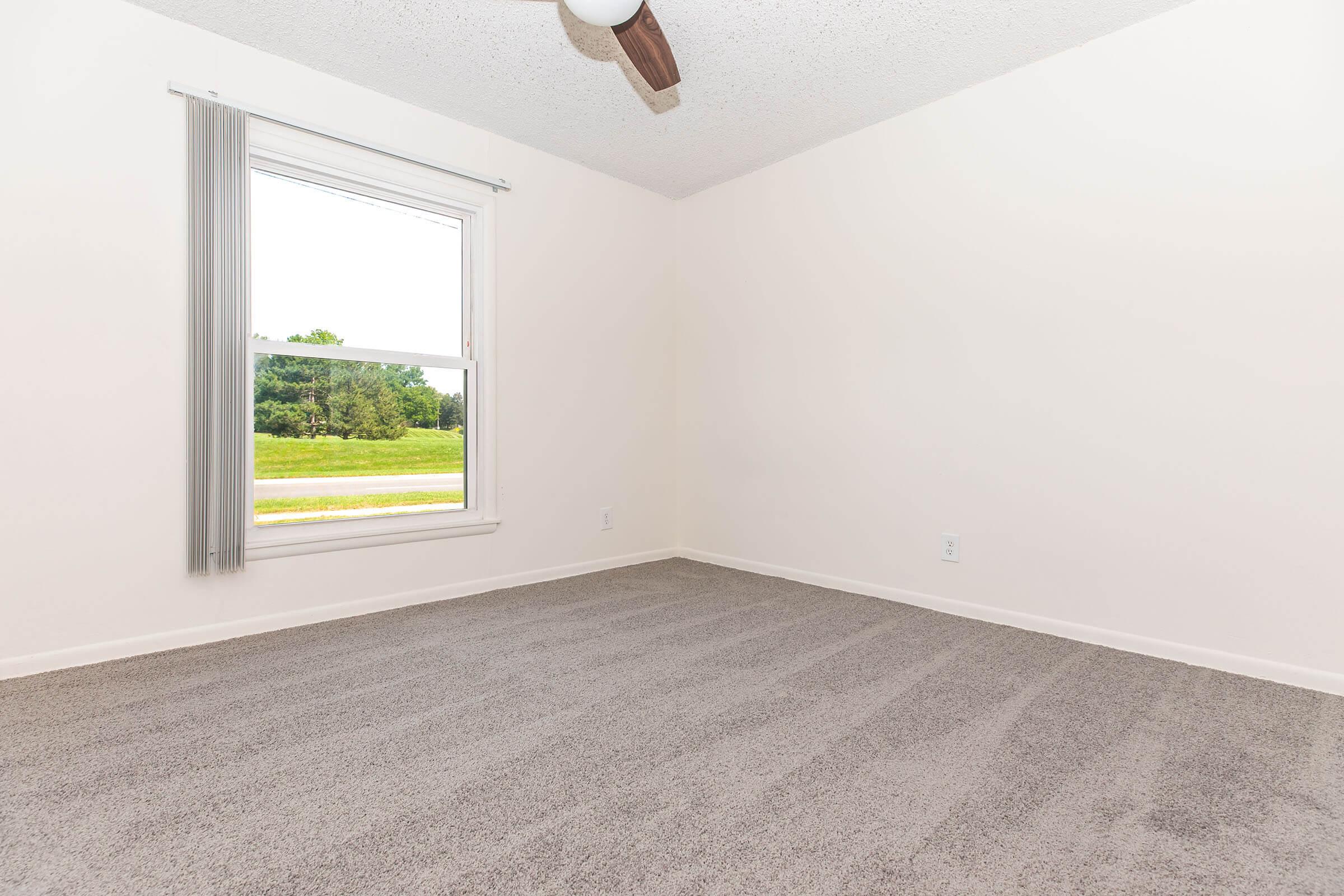 An empty room with light gray carpet, a single window with white blinds letting in natural light, and a ceiling fan. The walls are painted white, creating a bright and spacious feel. The view outside the window shows greenery, suggesting a peaceful setting.