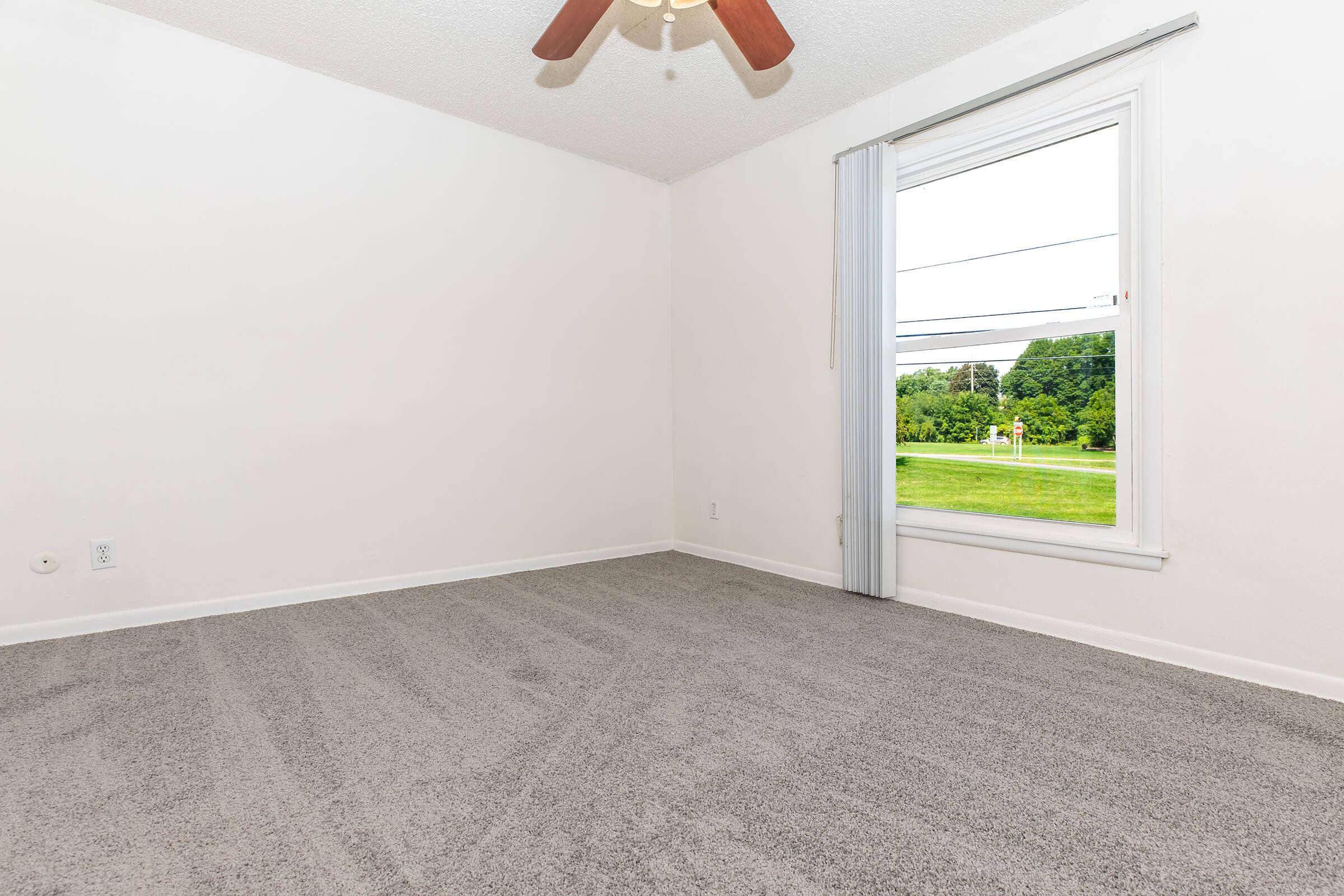 A well-lit empty room with light gray carpet, a ceiling fan, and a large window displaying green trees and grass outside. The walls are white, and there are vertical blinds partially covering the window. The space appears ready for furniture.