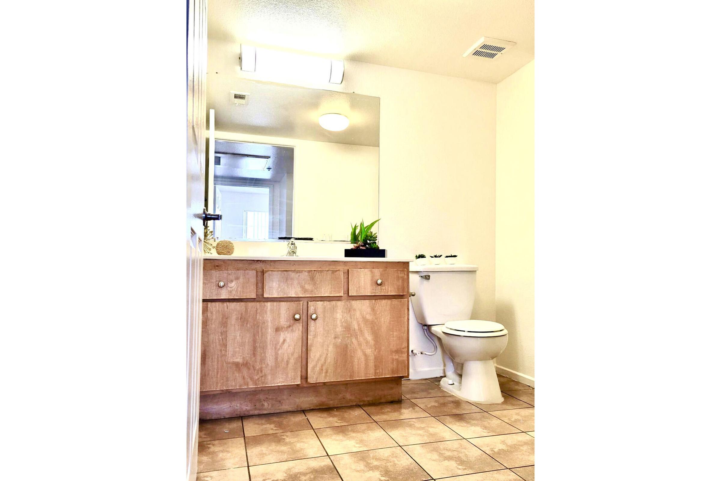A bright, clean bathroom featuring a wooden vanity with a mirror above it, a sink with a small plant decoration, a toilet, and beige tiles on the floor. The walls are light-colored, and there is a ceiling light fixture illuminating the space.