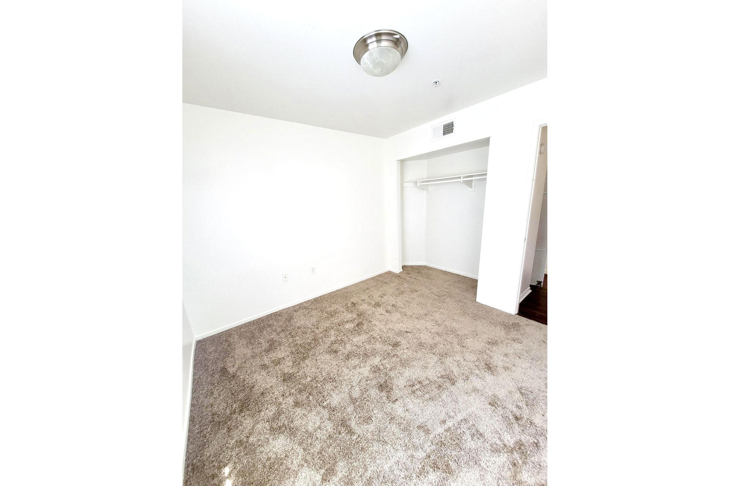 A spacious, empty bedroom featuring light-colored walls, a plush carpeted floor, and a closet with sliding doors. Natural light fills the room through a ceiling light fixture, enhancing the bright, airy atmosphere.