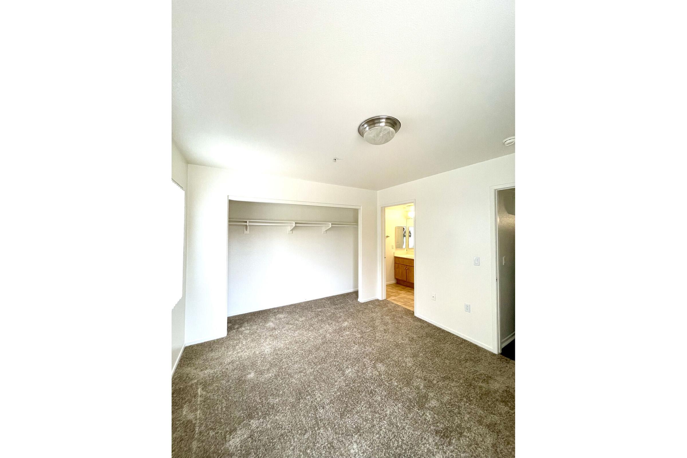 A spacious, empty bedroom featuring light-colored walls and carpeted flooring. There is a walk-in closet with hanging bars on one side, and a doorway leading to a bathroom on the opposite side. Natural light fills the room, creating a bright and open atmosphere.