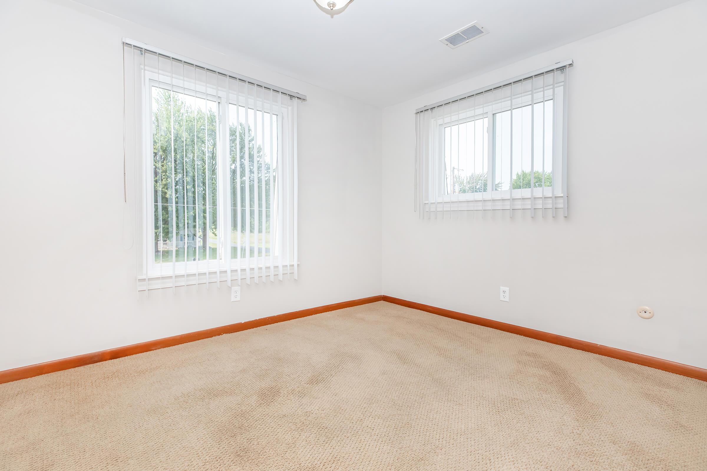 A bright, empty room with beige carpet and two windows featuring vertical blinds. The walls are painted in a light color, and there is a ceiling light fixture. The space has a clean, uncluttered appearance, ideal for various uses or decoration.
