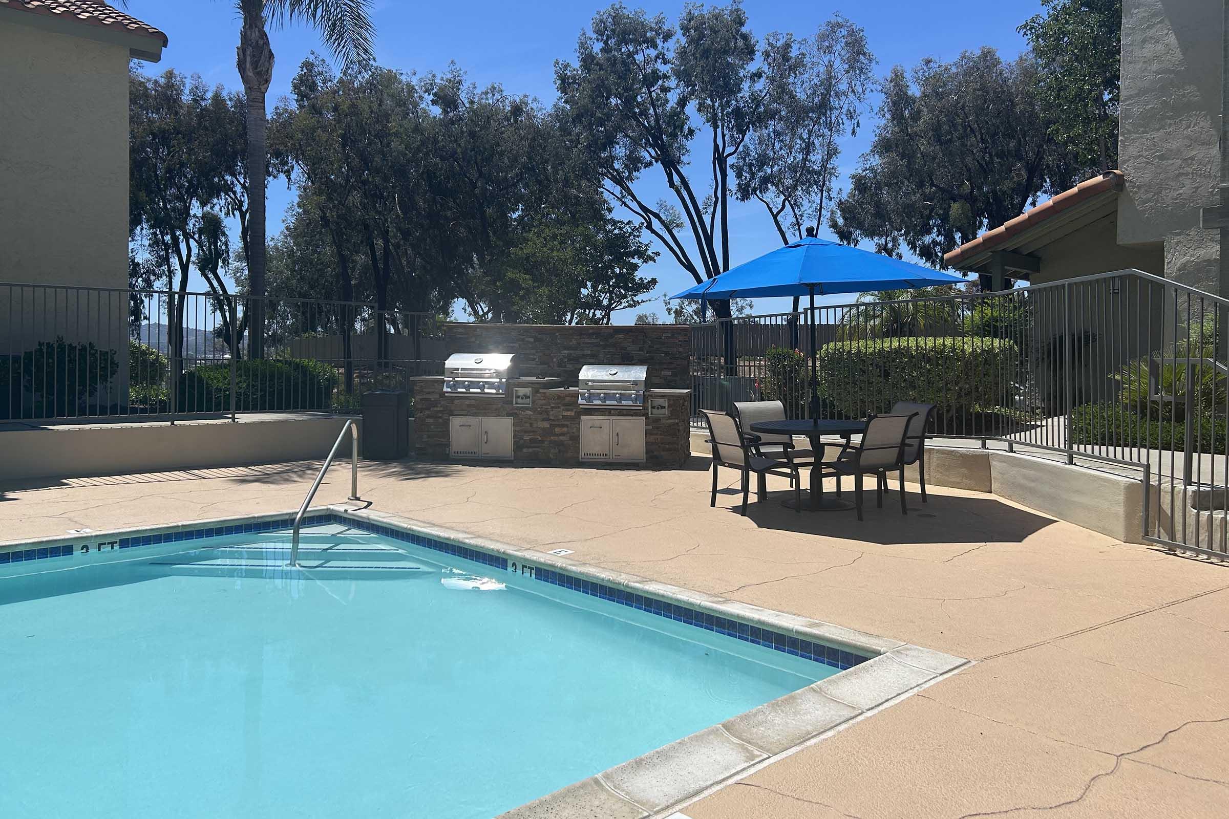 A pool area featuring a clear blue pool with a ladder, surrounded by a patio. Nearby are two outdoor grills and a table with chairs under a large blue umbrella, set against a backdrop of trees and a building. The sky is bright and sunny.