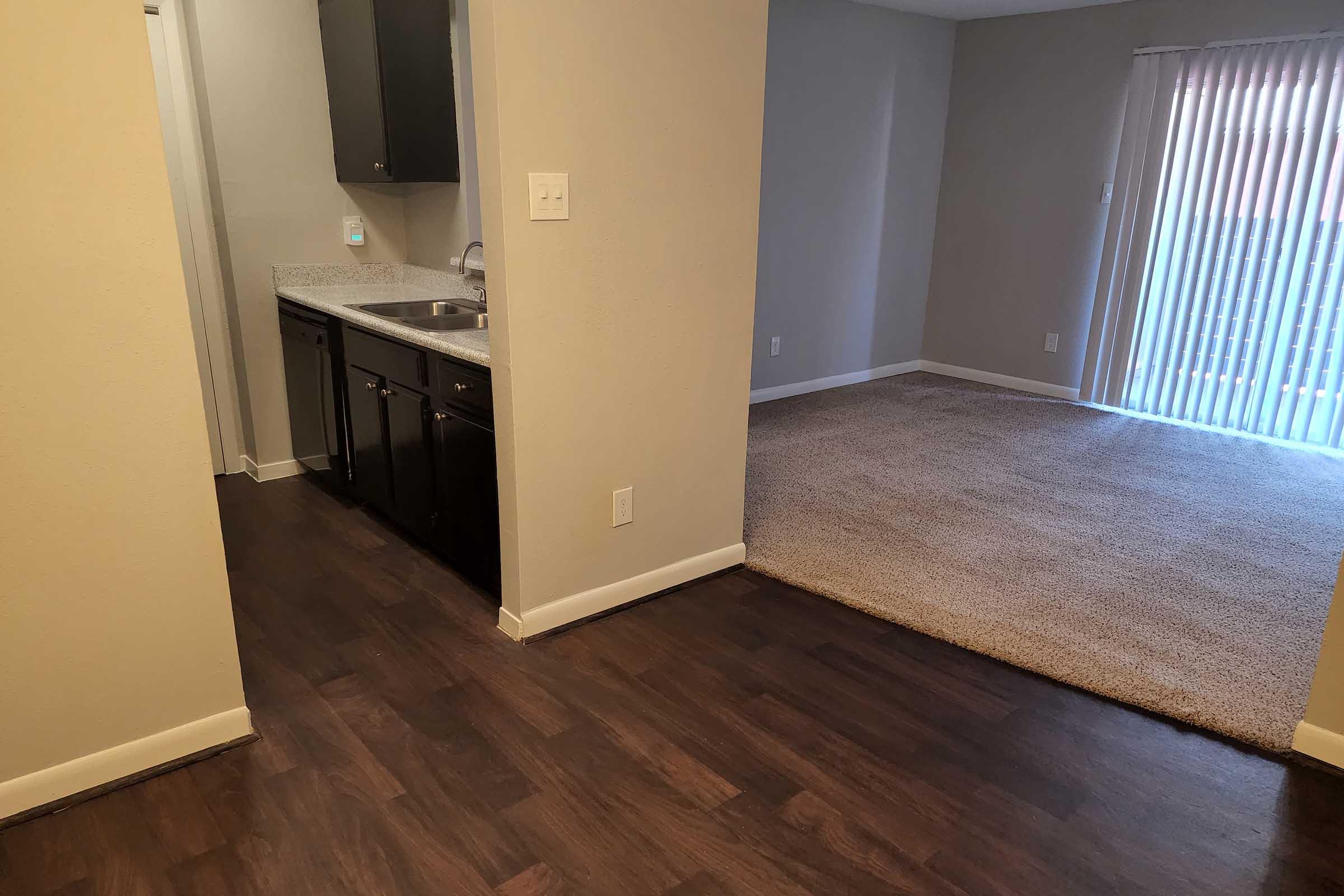 A view of an apartment interior showing a kitchen area with dark cabinets and a granite countertop, leading into a spacious living room with carpet flooring and a sliding glass door with vertical blinds. The walls are painted in a light color, enhancing the open feel of the space.