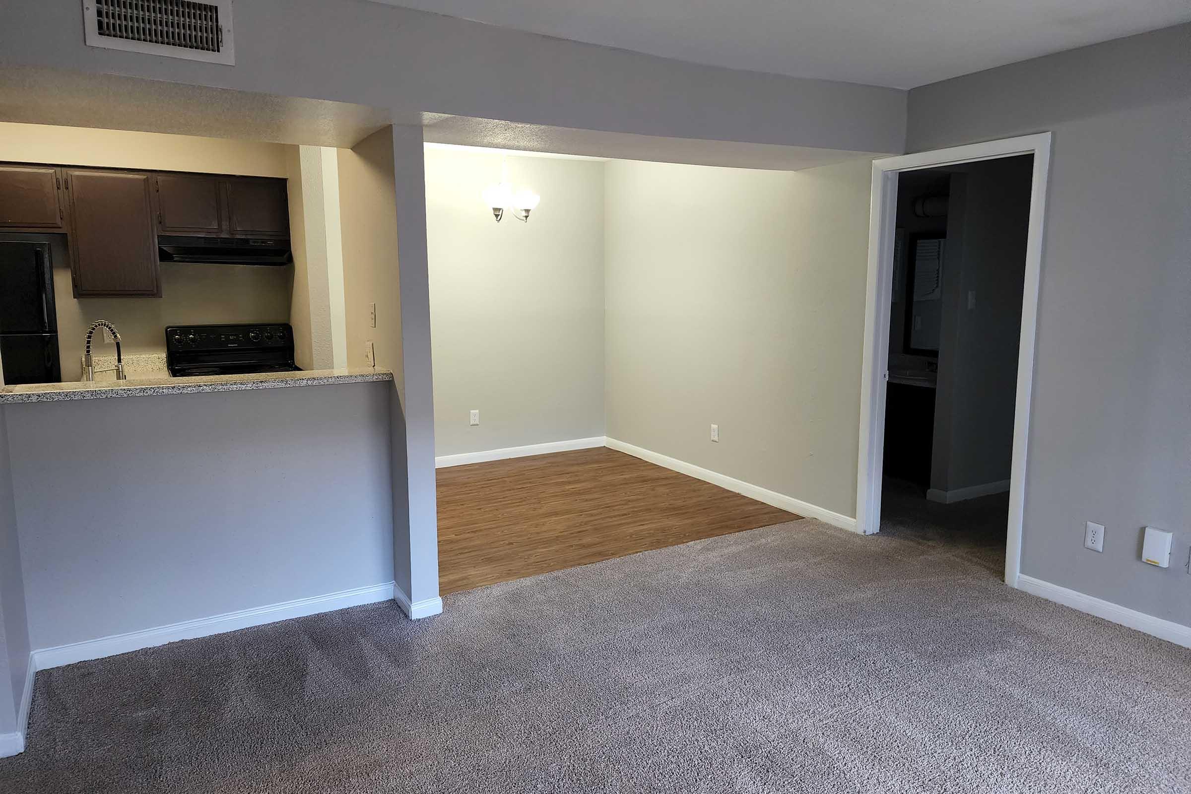 A spacious living area featuring a beige carpet, an open layout with a kitchen visible in the background, and a doorway leading to a separate room. Light-colored walls enhance the brightness, while a granite countertop adds a modern touch. The scene is uncluttered, suggesting a tidy living space.