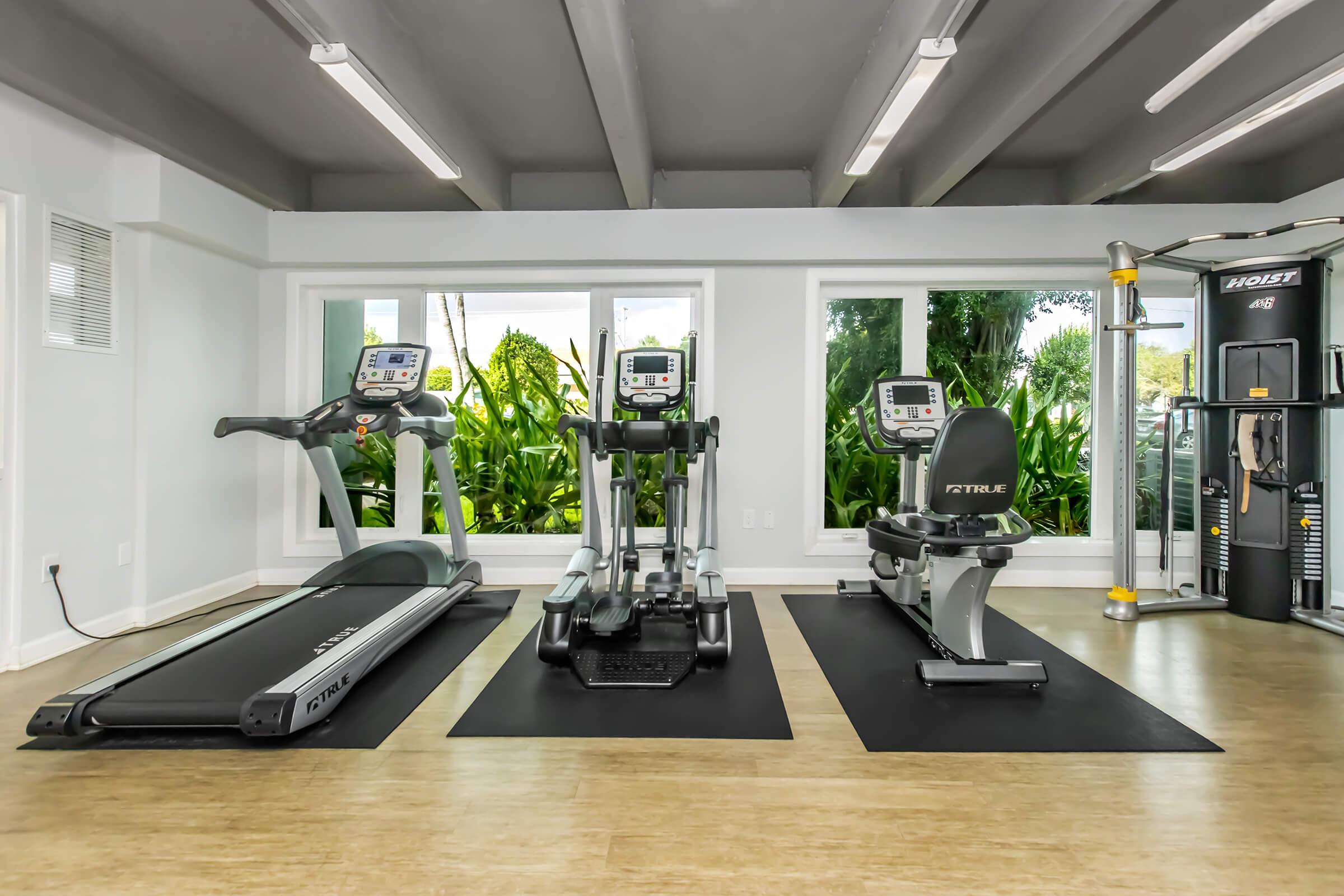A modern gym interior featuring a treadmill, an elliptical machine, and a stationary bike on black exercise mats. The windows showcase greenery outside, creating a bright and inviting atmosphere.