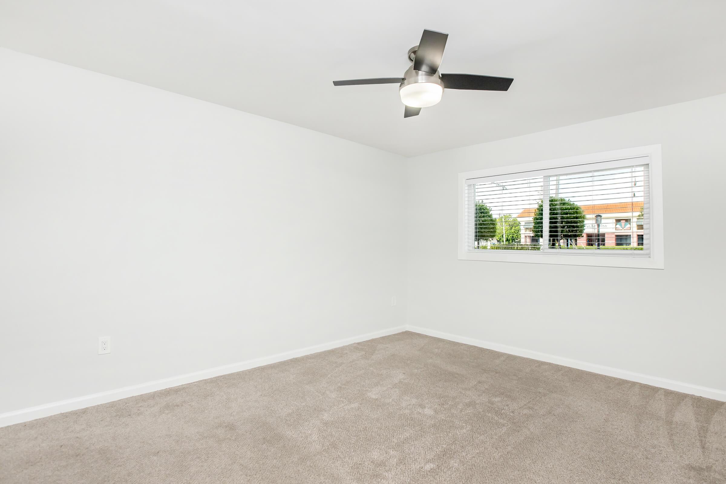 A spacious, empty room with light gray carpet and white walls. There is a ceiling fan with a light fixture and a window with white shutters allowing natural light in. The view from the window shows green trees and buildings outside. The room is uncluttered, creating a bright and airy atmosphere.
