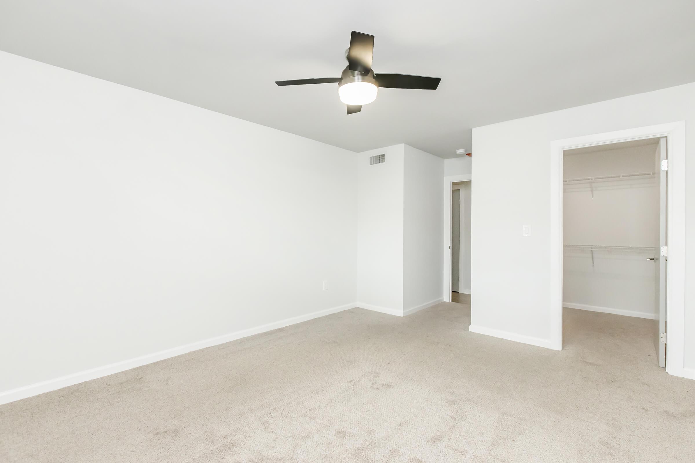 A spacious and empty room featuring light gray walls and plush beige carpet. There is a ceiling fan in the center, a door leading to a closet on the right, and another door that likely leads to a hallway. The room has ample natural light and a clean, modern aesthetic.